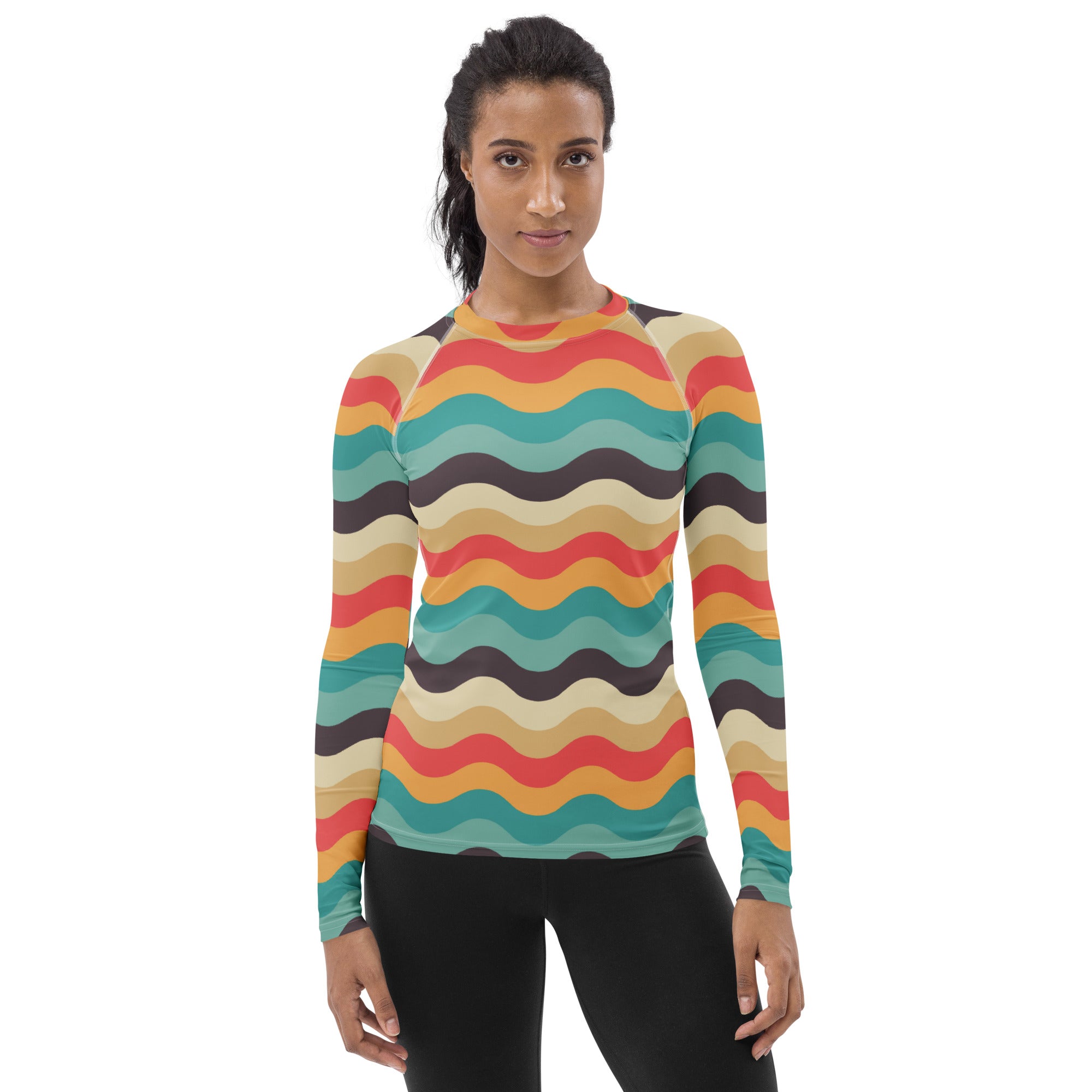 Women's Teal Coral Orange Wavy Stripe Long Sleeve Rash Guard Swim Shirt – Buttery Soft, Sun Safe UPF 50+ Protection, Quick Dry & 4-Way Stretch Comfort