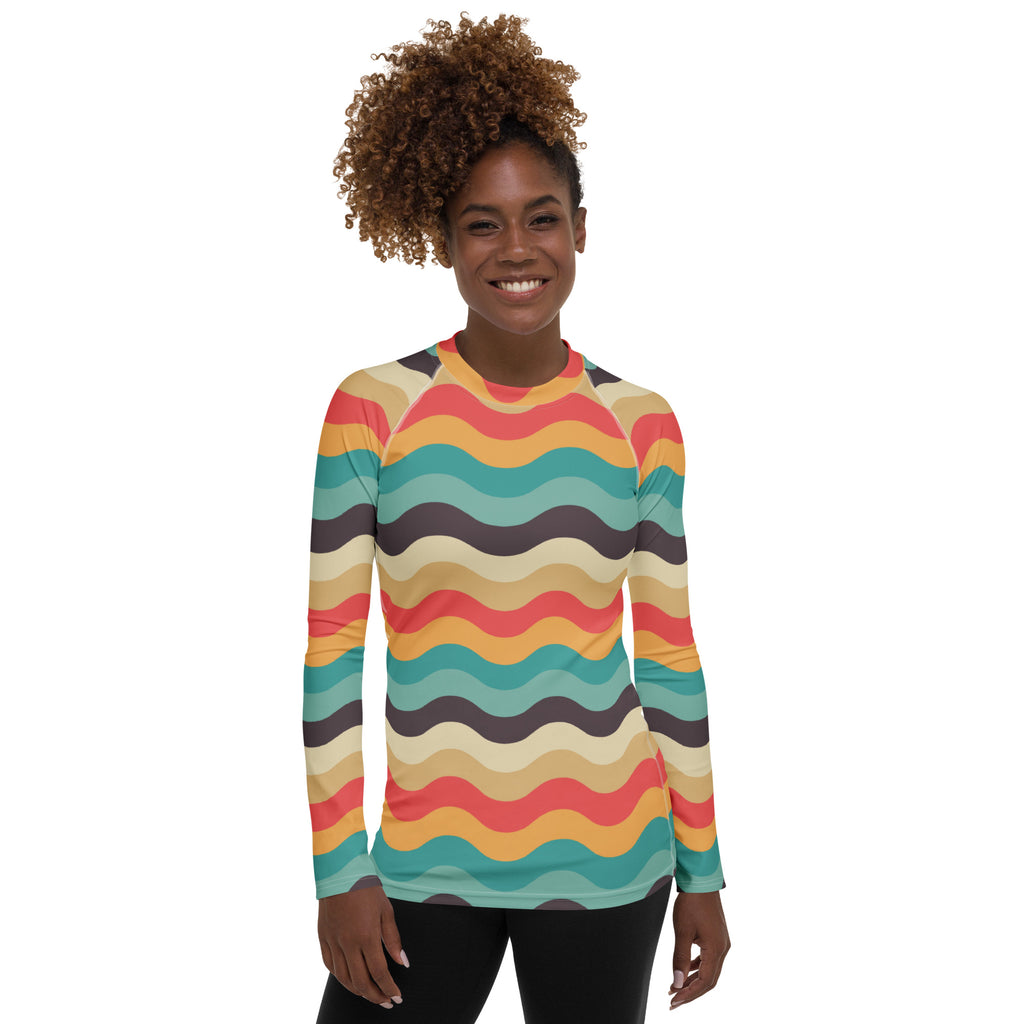 Women's Teal Coral Orange Wavy Stripe Long Sleeve Rash Guard Swim Shirt – Buttery Soft, Sun Safe UPF 50+ Protection, Quick Dry & 4-Way Stretch Comfort