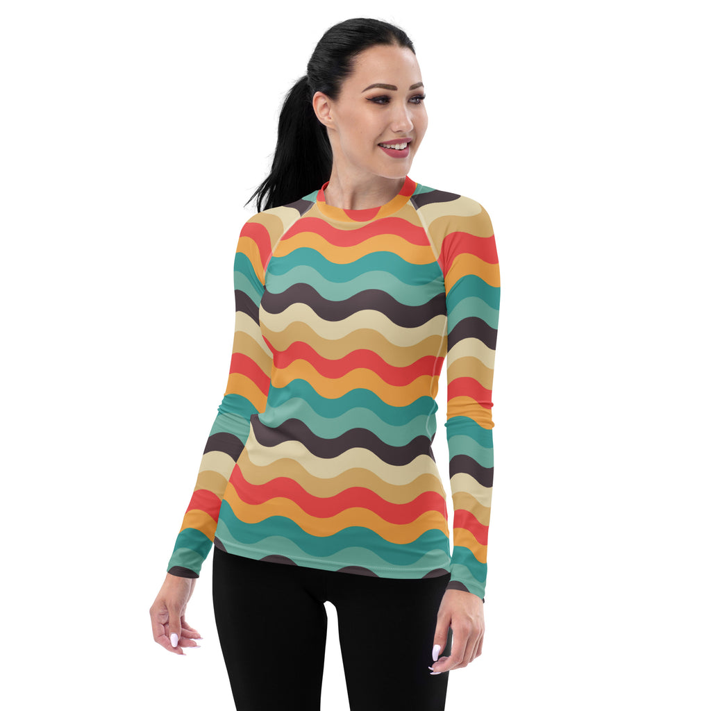 Women's Teal Coral Orange Wavy Stripe Long Sleeve Rash Guard Swim Shirt – Buttery Soft, Sun Safe UPF 50+ Protection, Quick Dry & 4-Way Stretch Comfort