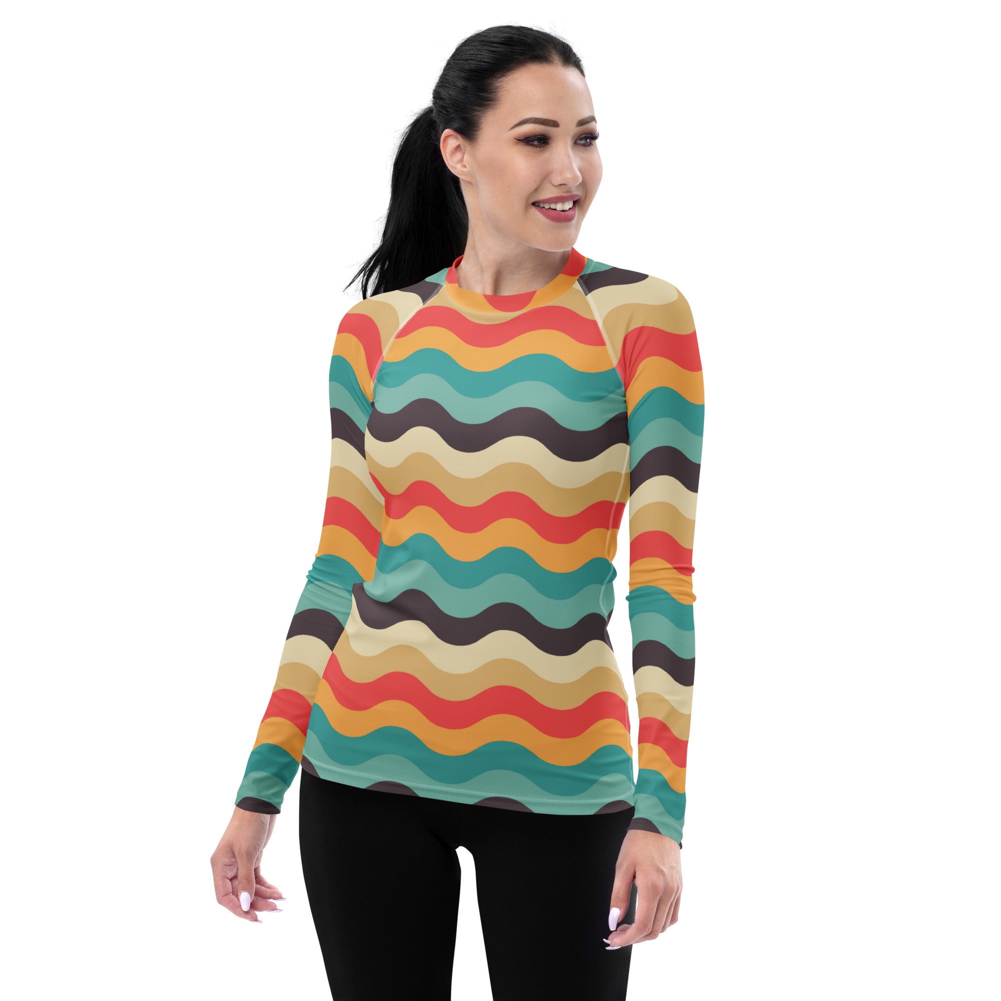 Women's Teal Coral Orange Wavy Stripe Long Sleeve Rash Guard Swim Shirt – Buttery Soft, Sun Safe UPF 50+ Protection, Quick Dry & 4-Way Stretch Comfort