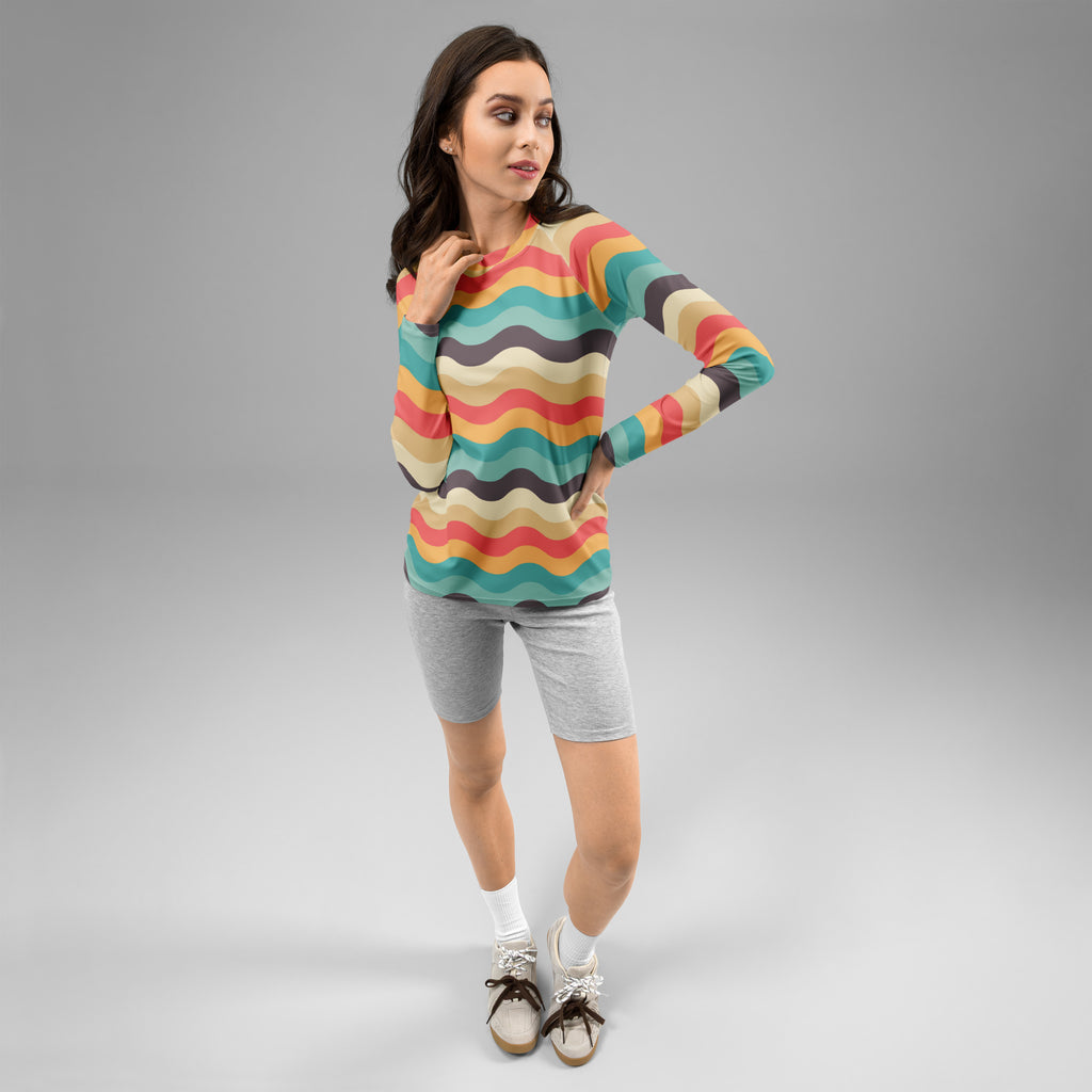 Women's Teal Coral Orange Wavy Stripe Long Sleeve Rash Guard Swim Shirt – Buttery Soft, Sun Safe UPF 50+ Protection, Quick Dry & 4-Way Stretch Comfort