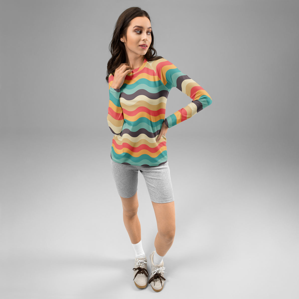Women's Teal Coral Orange Wavy Stripe Long Sleeve Rash Guard Swim Shirt – Buttery Soft, Sun Safe UPF 50+ Protection, Quick Dry & 4-Way Stretch Comfort