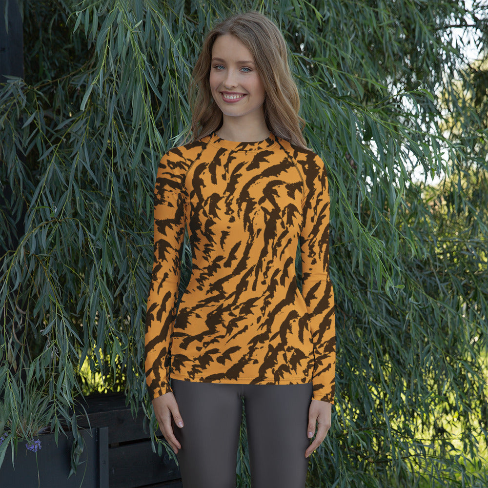 Women's Orange Tiger Print Long Sleeve Rash Guard Swim Shirt – Buttery Soft, Sun Safe UPF 50+ Protection, Quick Dry & 4-Way Stretch Comfort