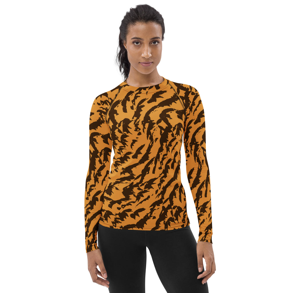 Women's Orange Tiger Print Long Sleeve Rash Guard Swim Shirt – Buttery Soft, Sun Safe UPF 50+ Protection, Quick Dry & 4-Way Stretch Comfort