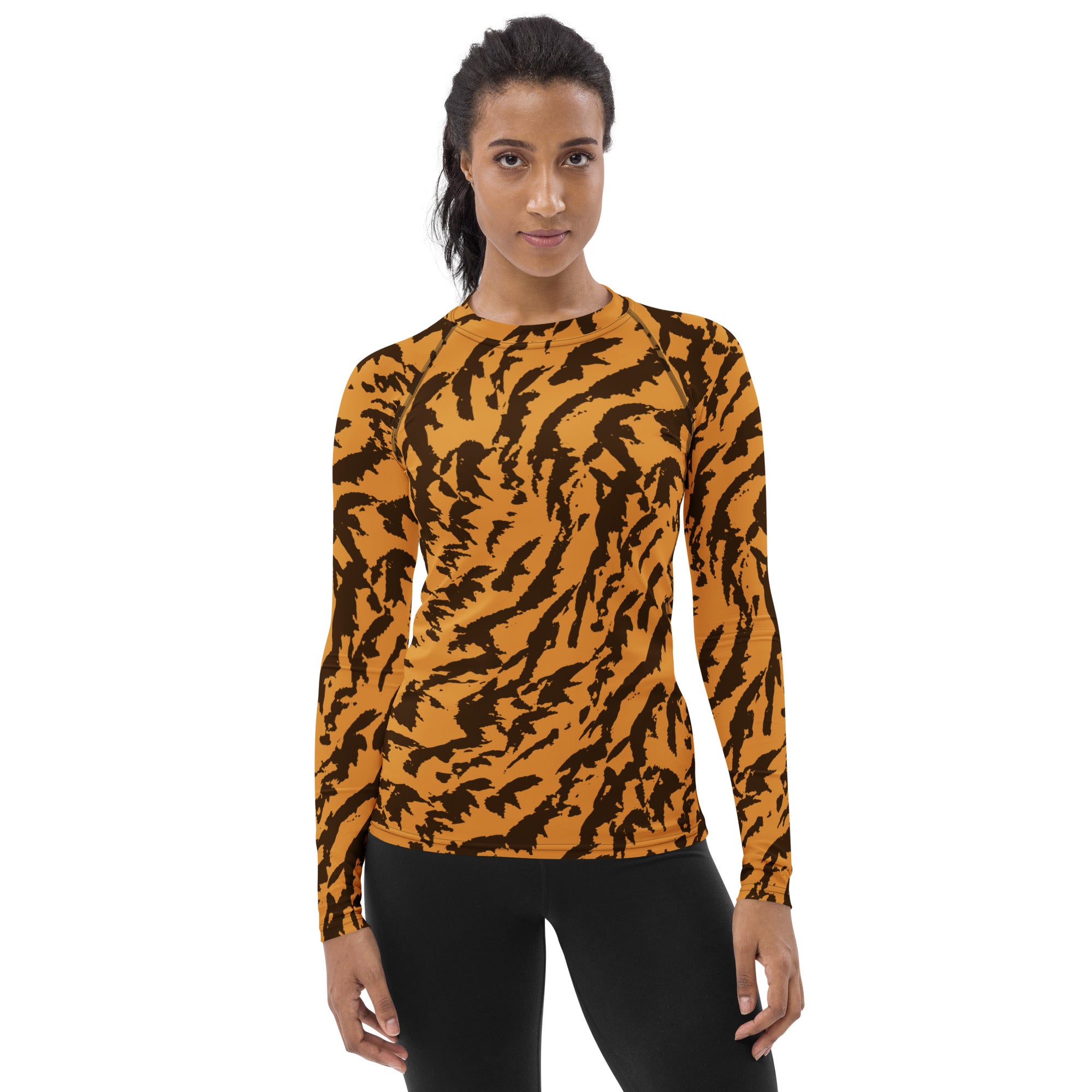 Women's Orange Tiger Print Long Sleeve Rash Guard Swim Shirt – Buttery Soft, Sun Safe UPF 50+ Protection, Quick Dry & 4-Way Stretch Comfort