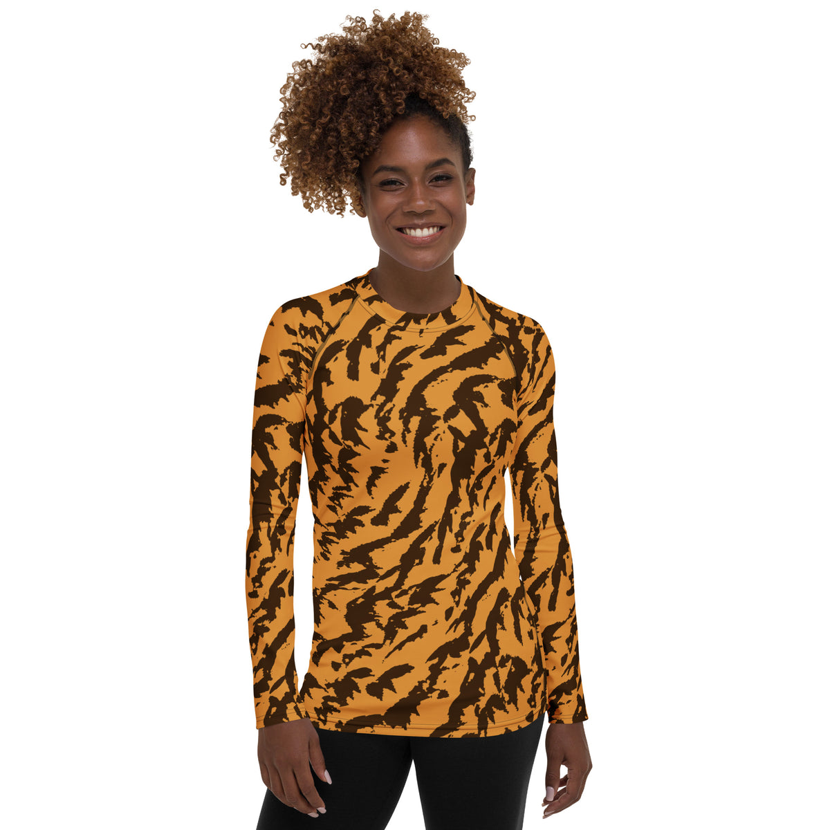 Women's Orange Tiger Print Long Sleeve Rash Guard Swim Shirt – Buttery Soft, Sun Safe UPF 50+ Protection, Quick Dry & 4-Way Stretch Comfort