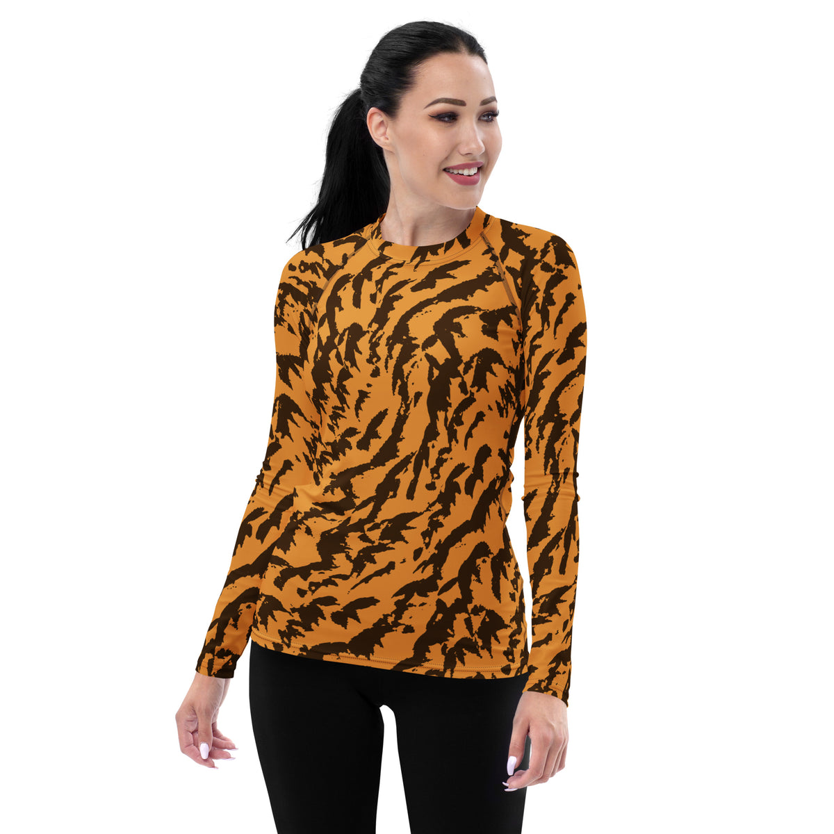 Women's Orange Tiger Print Long Sleeve Rash Guard Swim Shirt – Buttery Soft, Sun Safe UPF 50+ Protection, Quick Dry & 4-Way Stretch Comfort
