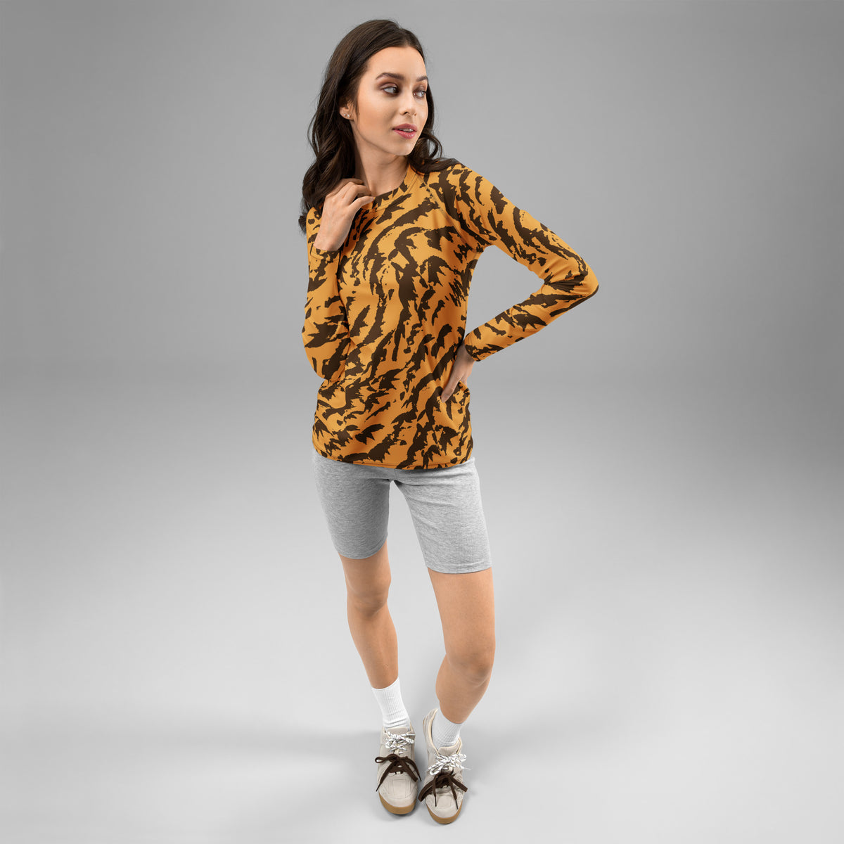 Women's Orange Tiger Print Long Sleeve Rash Guard Swim Shirt – Buttery Soft, Sun Safe UPF 50+ Protection, Quick Dry & 4-Way Stretch Comfort