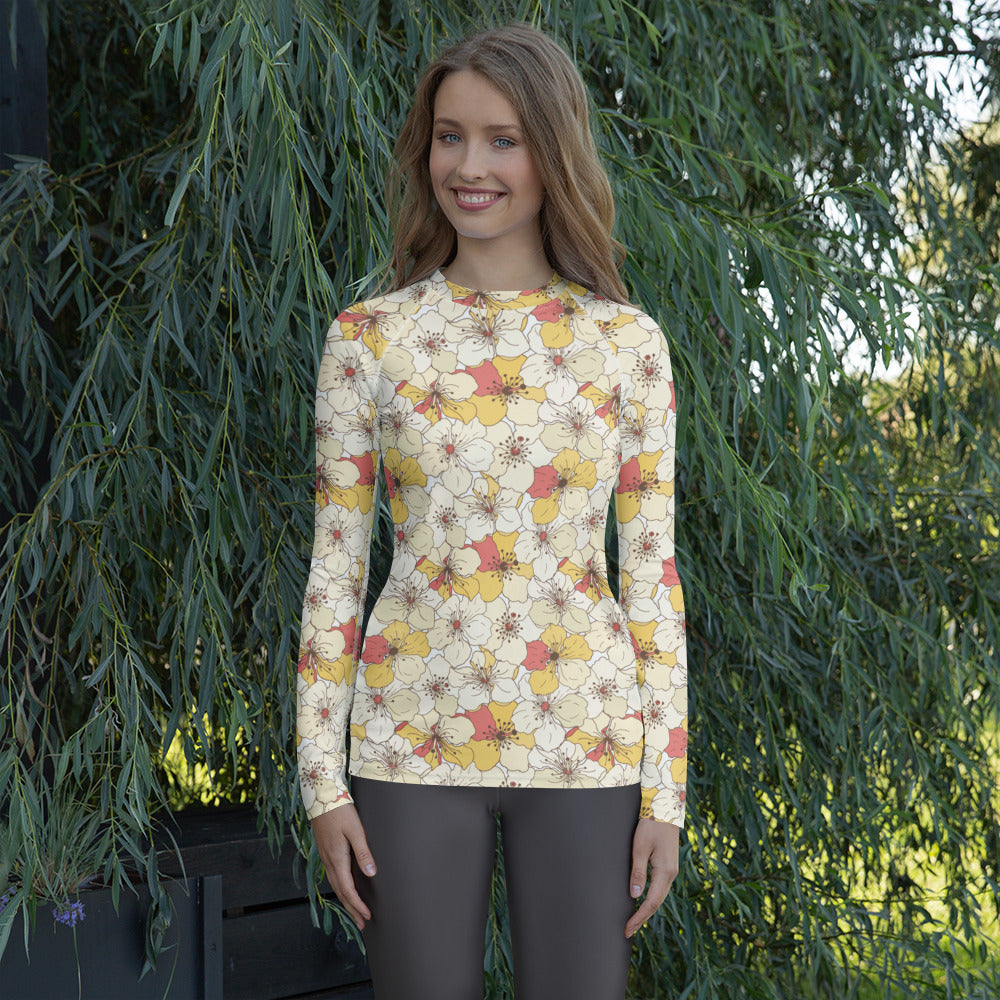 Women's Cream Yellow & Coral Flower Long Sleeve Rash Guard Swim Shirt – Buttery Soft, Sun Safe UPF 50+ Protection, Quick Dry & 4-Way Stretch Comfort