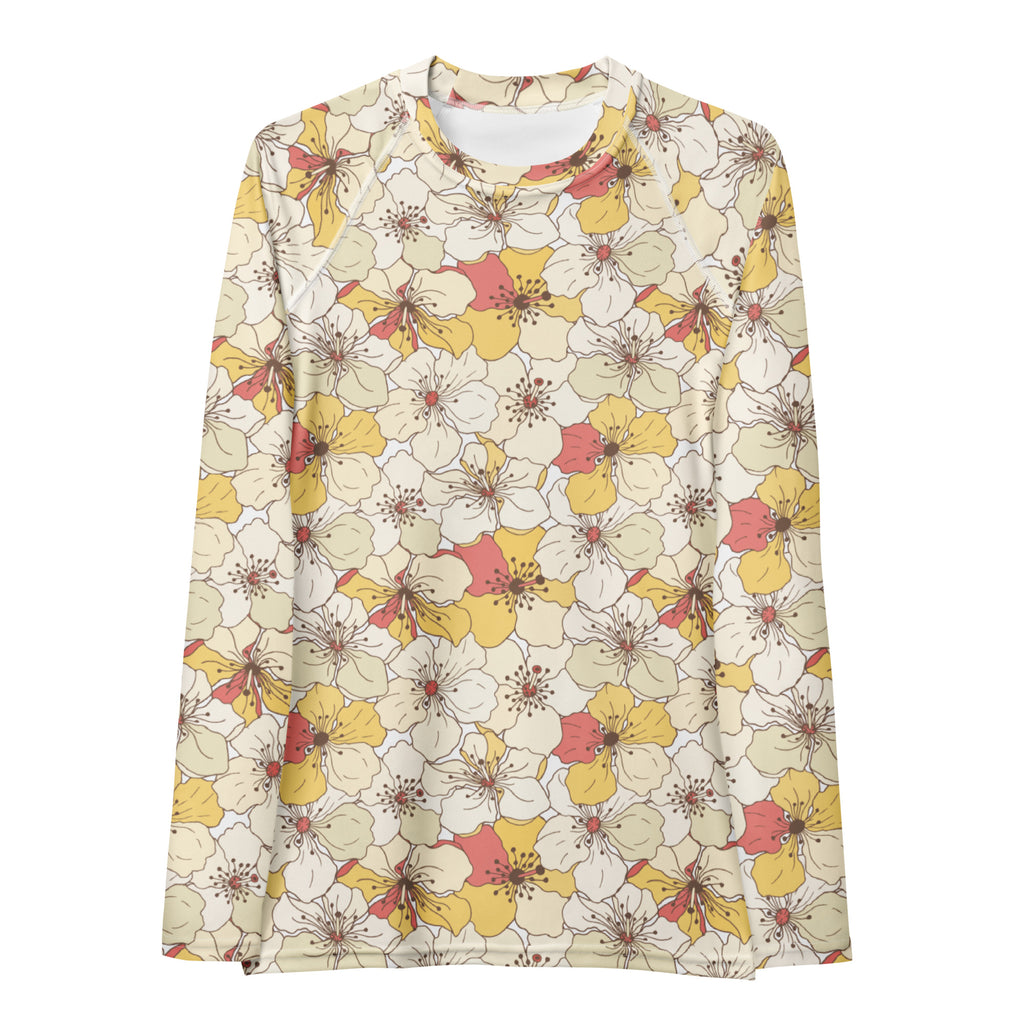 Women's Cream Yellow & Coral Flower Long Sleeve Rash Guard Swim Shirt – Buttery Soft, Sun Safe UPF 50+ Protection, Quick Dry & 4-Way Stretch Comfort