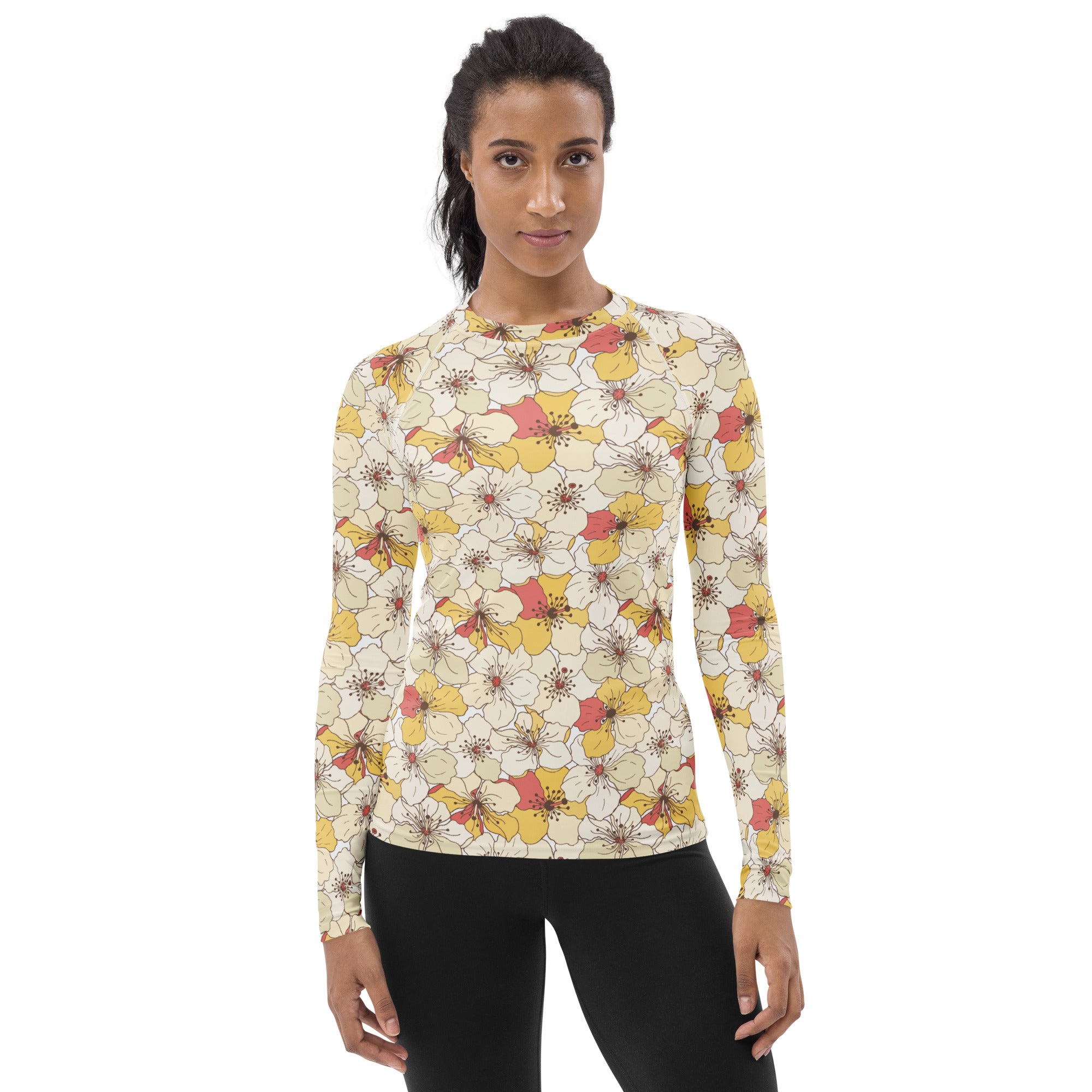 Women's Cream Yellow & Coral Flower Long Sleeve Rash Guard Swim Shirt – Buttery Soft, Sun Safe UPF 50+ Protection, Quick Dry & 4-Way Stretch Comfort