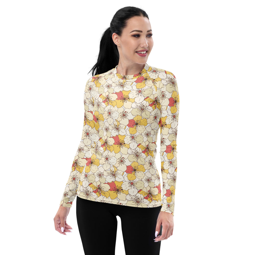 Women's Cream Yellow & Coral Flower Long Sleeve Rash Guard Swim Shirt – Buttery Soft, Sun Safe UPF 50+ Protection, Quick Dry & 4-Way Stretch Comfort