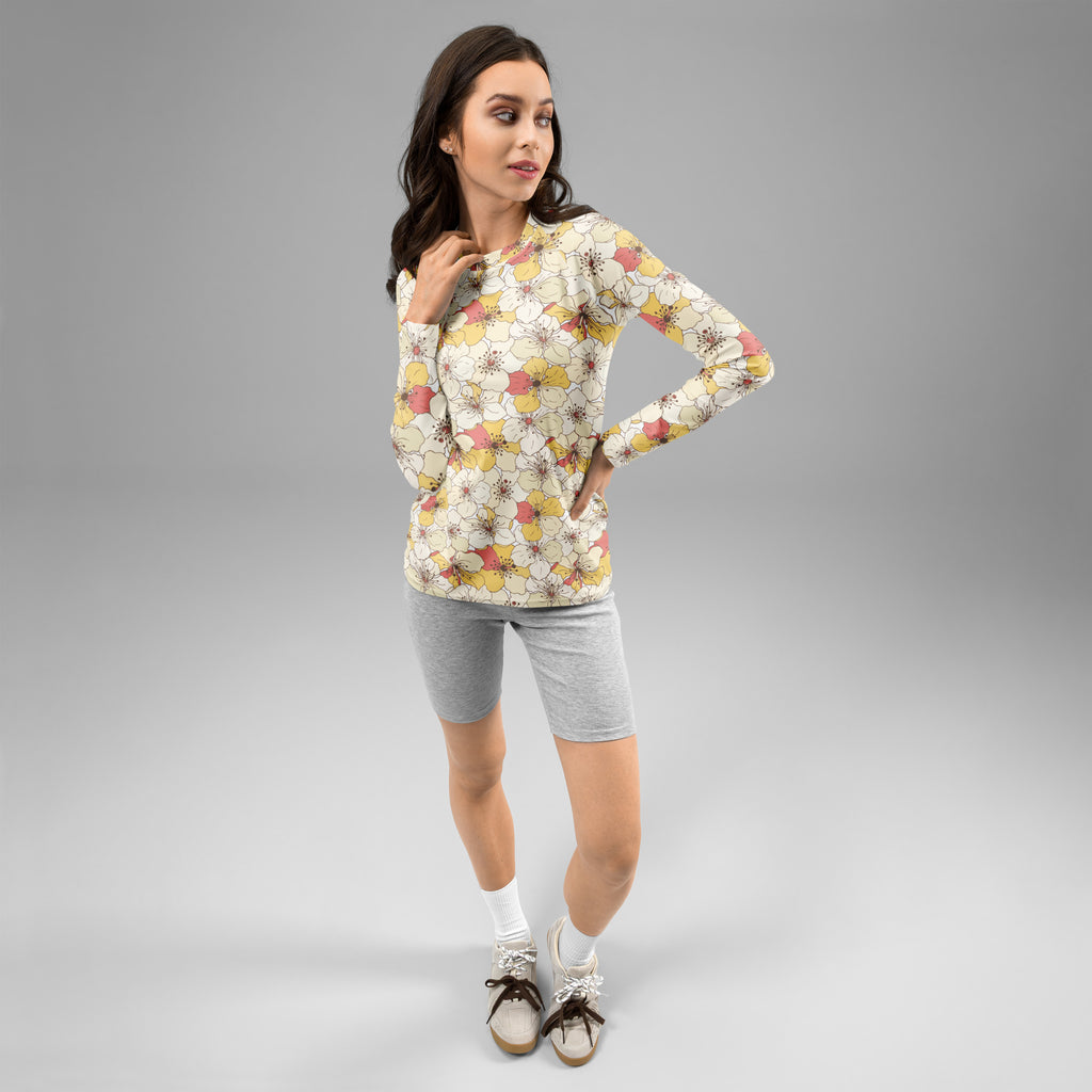 Women's Cream Yellow & Coral Flower Long Sleeve Rash Guard Swim Shirt – Buttery Soft, Sun Safe UPF 50+ Protection, Quick Dry & 4-Way Stretch Comfort