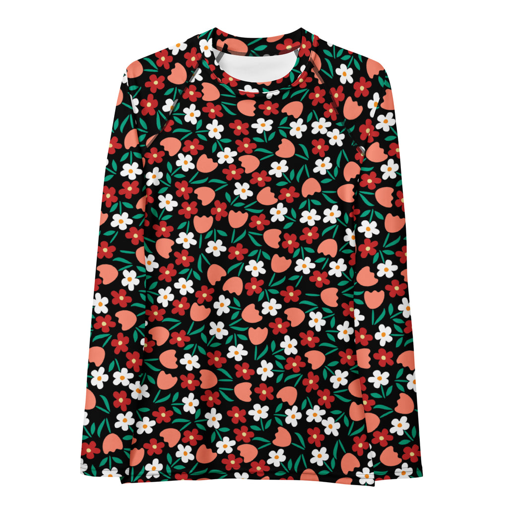 Women's Red Coral & White Flower Long Sleeve Rash Guard Swim Shirt – Buttery Soft, Sun Safe UPF 50+ Protection, Quick Dry & 4-Way Stretch Comfort