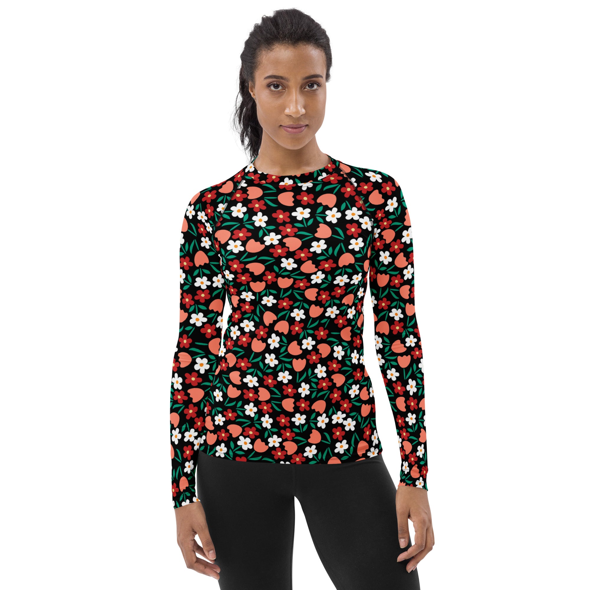 Women's Red Coral & White Flower Long Sleeve Rash Guard Swim Shirt – Buttery Soft, Sun Safe UPF 50+ Protection, Quick Dry & 4-Way Stretch Comfort