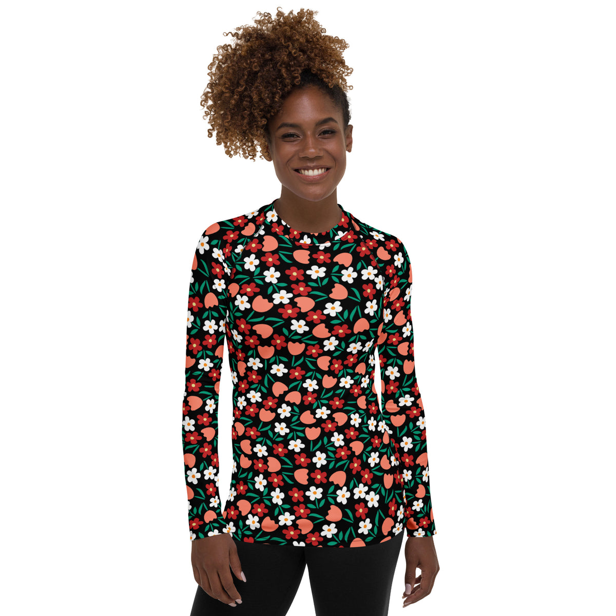 Women's Red Coral & White Flower Long Sleeve Rash Guard Swim Shirt – Buttery Soft, Sun Safe UPF 50+ Protection, Quick Dry & 4-Way Stretch Comfort