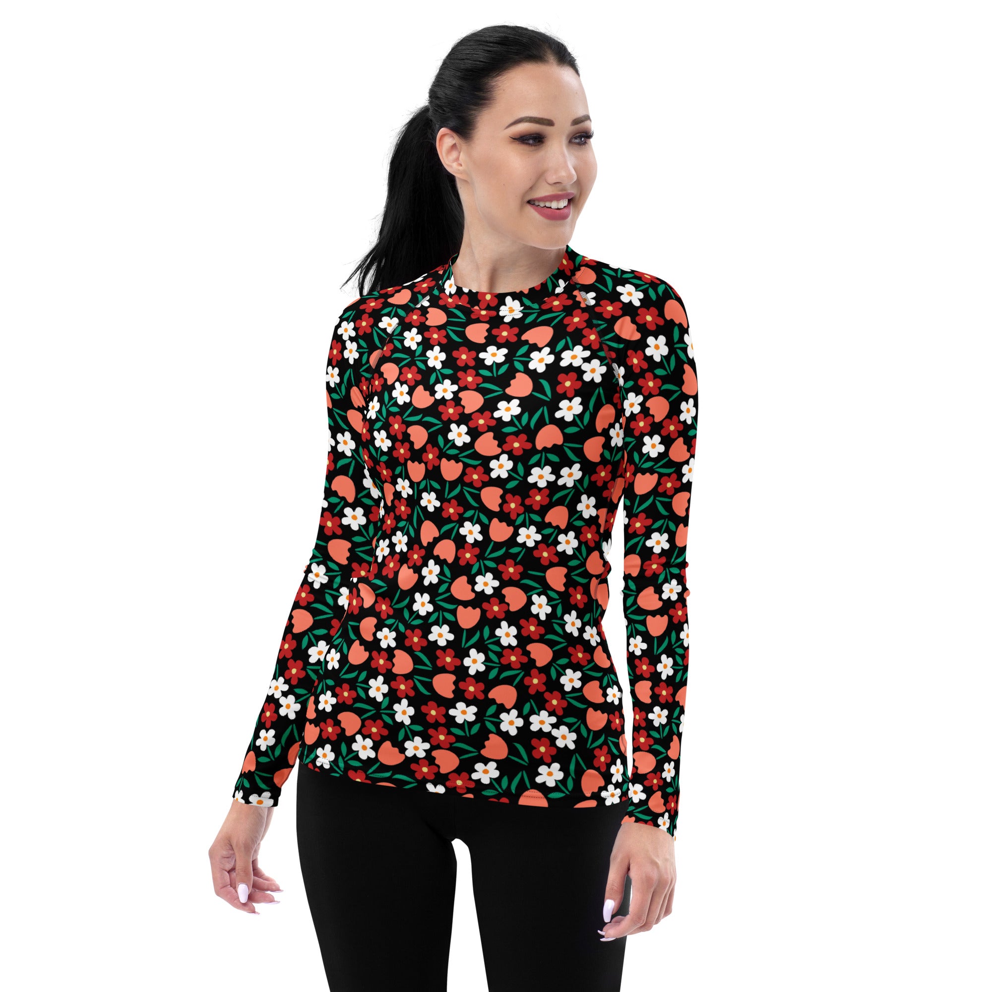 Women's Red Coral & White Flower Long Sleeve Rash Guard Swim Shirt – Buttery Soft, Sun Safe UPF 50+ Protection, Quick Dry & 4-Way Stretch Comfort