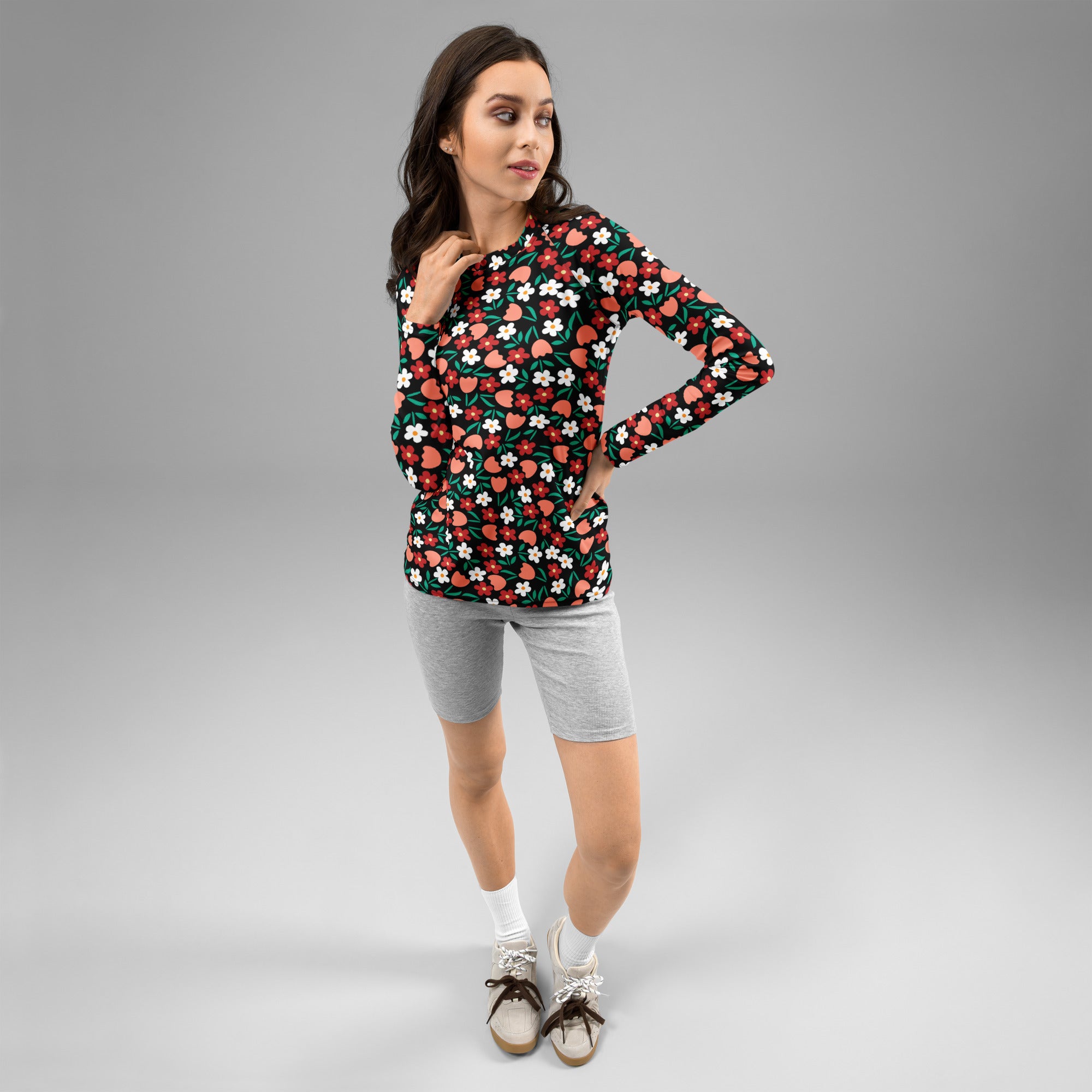 Women's Red Coral & White Flower Long Sleeve Rash Guard Swim Shirt – Buttery Soft, Sun Safe UPF 50+ Protection, Quick Dry & 4-Way Stretch Comfort
