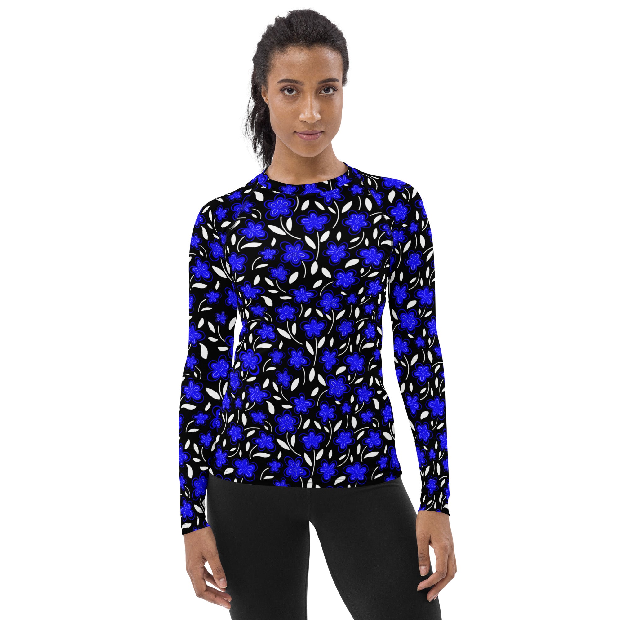 Women's Blue Floral Long Sleeve Rash Guard Swim Shirt – Buttery Soft, Sun Safe UPF 50+ Protection, Quick Dry & 4-Way Stretch Comfort