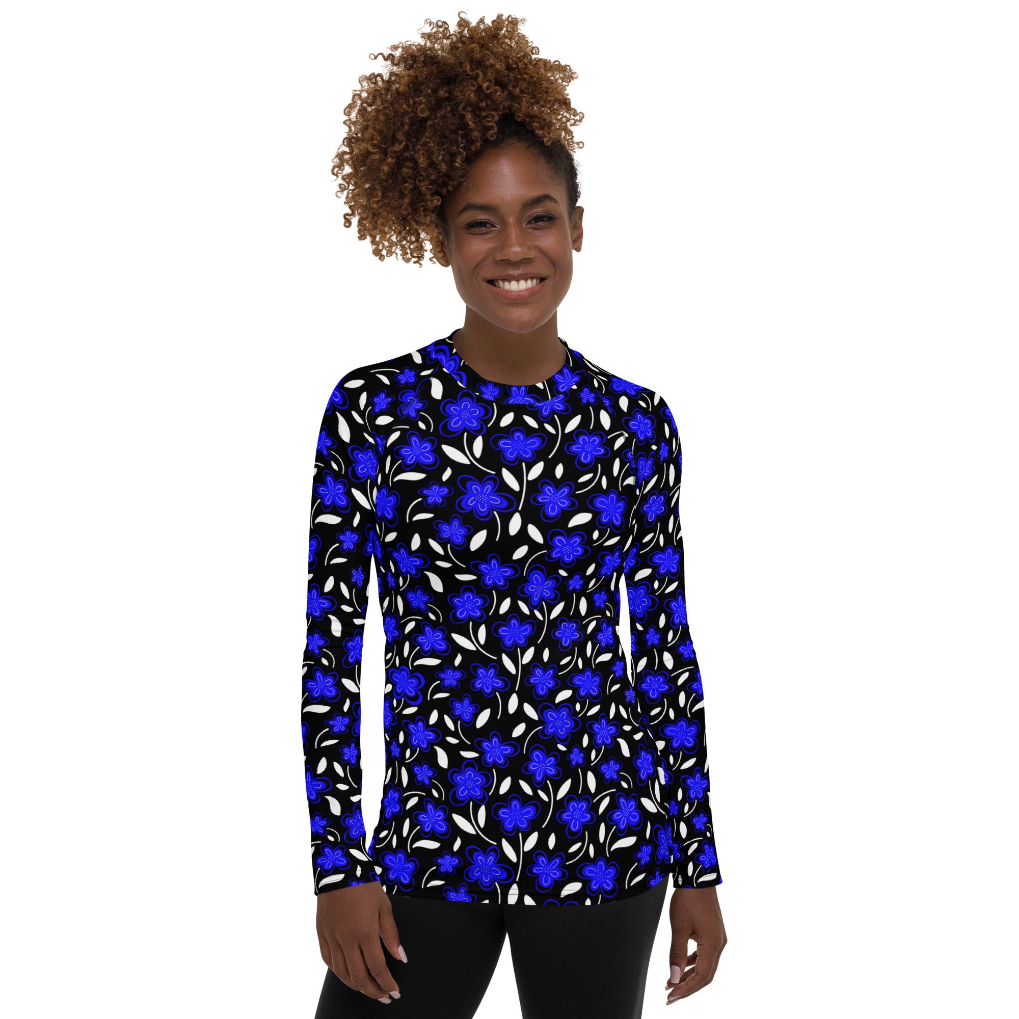 Women's Blue Floral Long Sleeve Rash Guard Swim Shirt – Buttery Soft, Sun Safe UPF 50+ Protection, Quick Dry & 4-Way Stretch Comfort