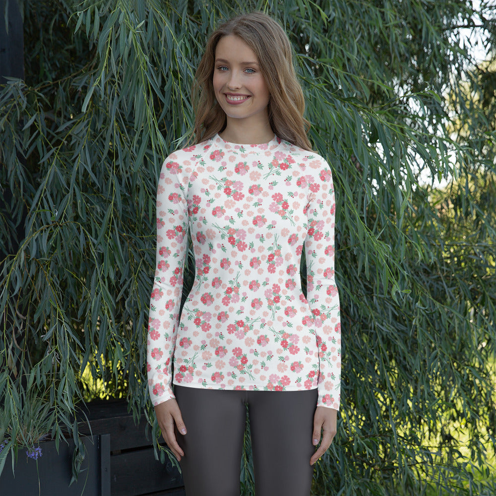 Women's Pink Wildflower Long Sleeve Rash Guard Swim Shirt – Buttery Soft, Sun Safe UPF 50+ Protection, Quick Dry & 4-Way Stretch Comfort