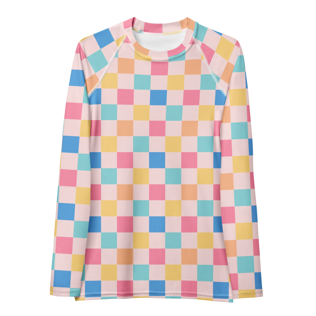Women's Colorful Pastel Pink Checkerboard Long Sleeve Rash Guard Swim Shirt – Buttery Soft, Sun Safe UPF 50+ Protection, Quick Dry & 4-Way Stretch Comfort