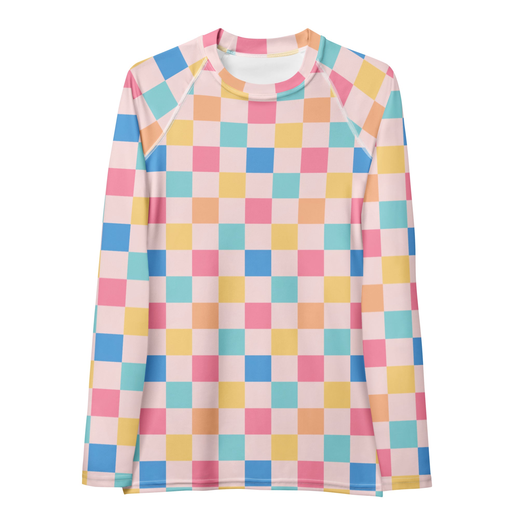 Women's Colorful Pastel Pink Checkerboard Long Sleeve Rash Guard Swim Shirt – Buttery Soft, Sun Safe UPF 50+ Protection, Quick Dry & 4-Way Stretch Comfort