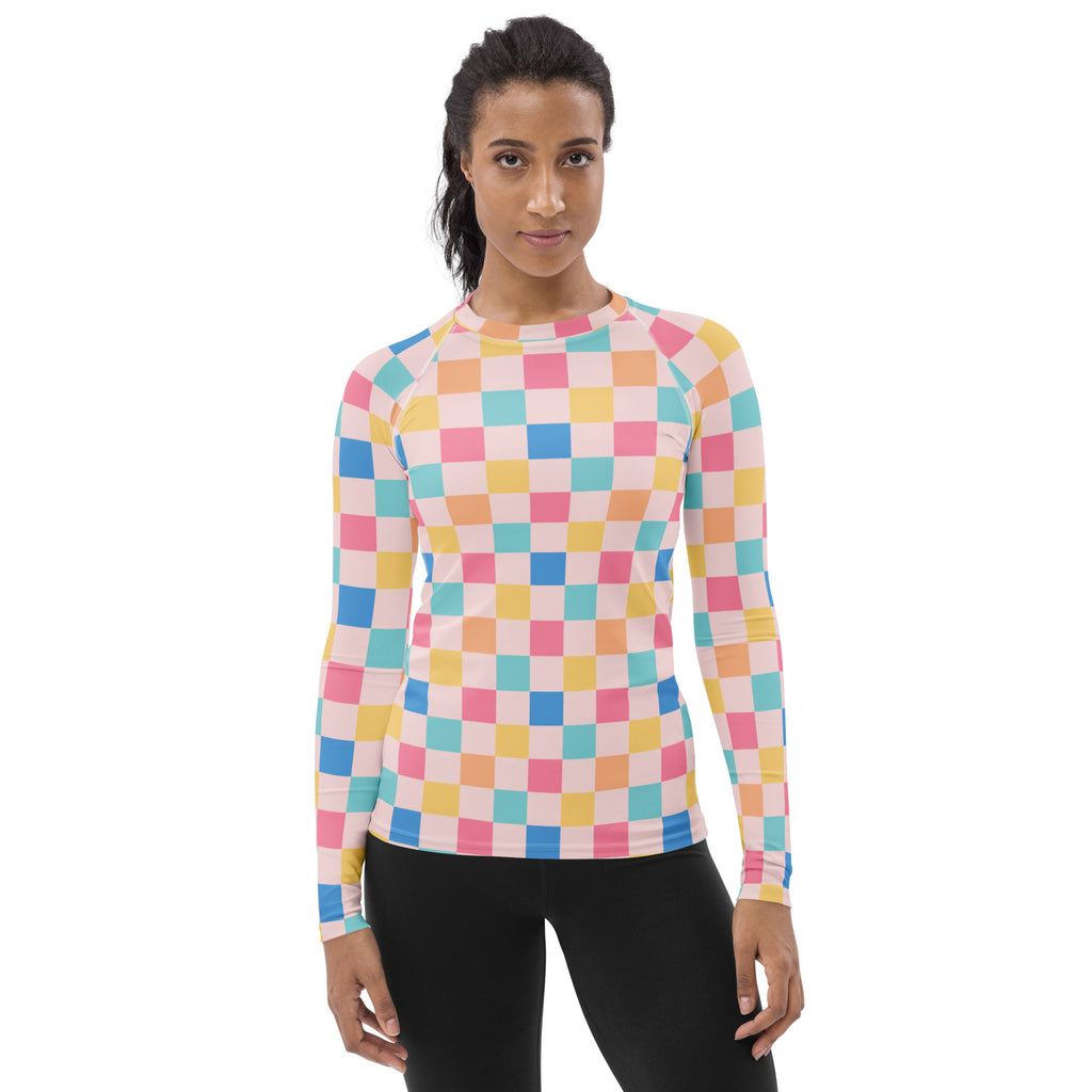 Women's Colorful Pastel Pink Checkerboard Long Sleeve Rash Guard Swim Shirt – Buttery Soft, Sun Safe UPF 50+ Protection, Quick Dry & 4-Way Stretch Comfort