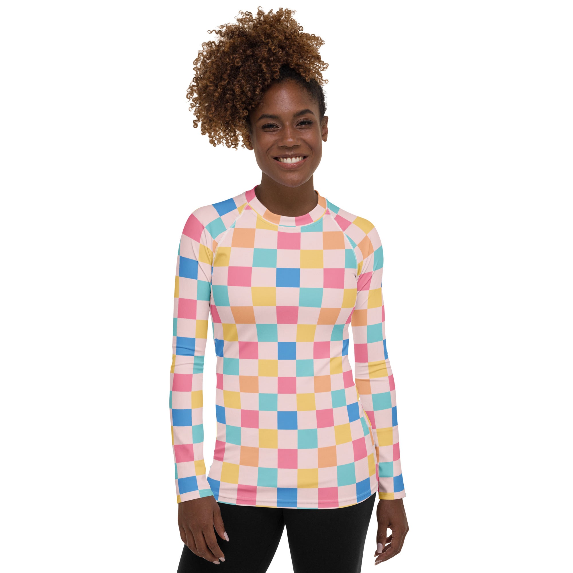 Women's Colorful Pastel Pink Checkerboard Long Sleeve Rash Guard Swim Shirt – Buttery Soft, Sun Safe UPF 50+ Protection, Quick Dry & 4-Way Stretch Comfort