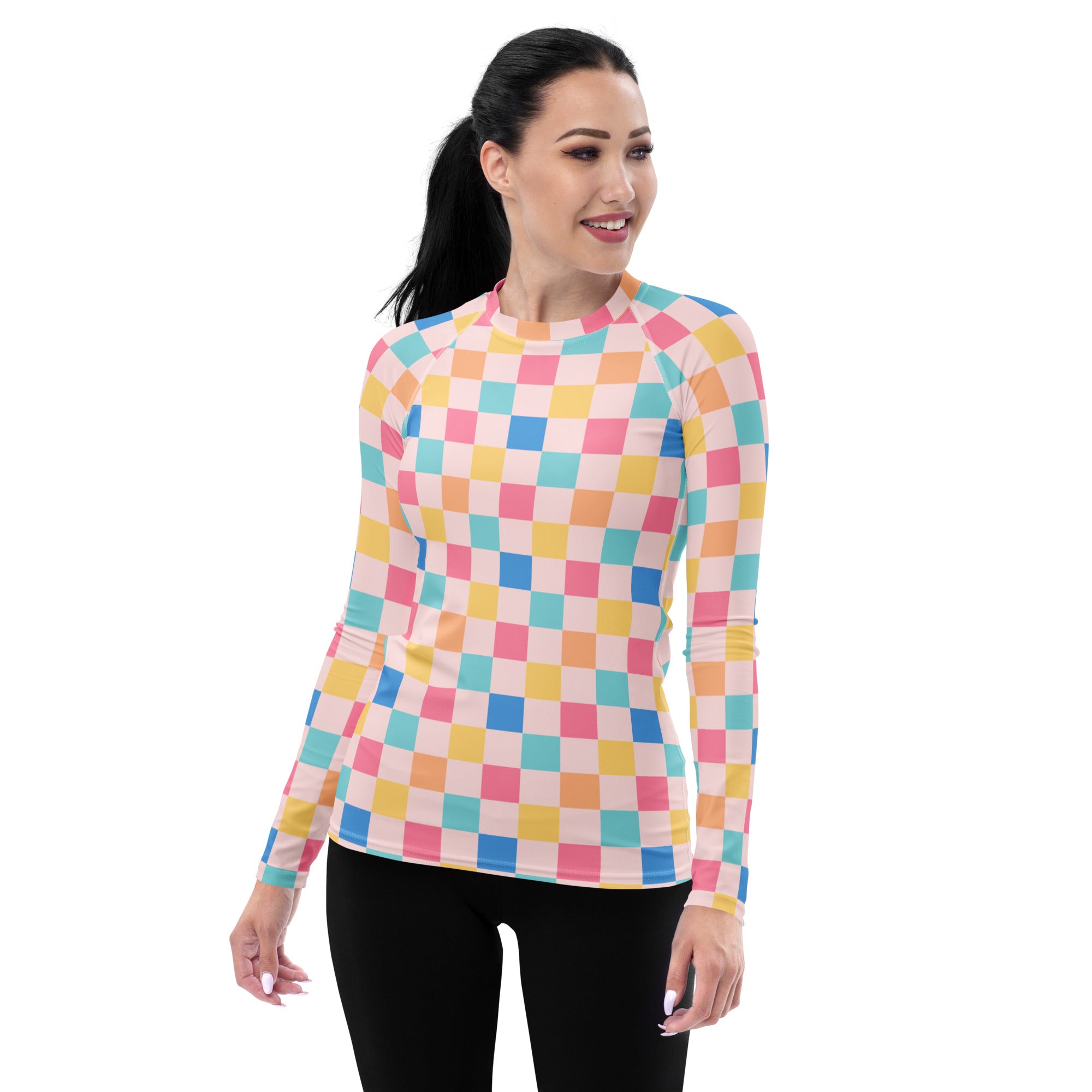 Women's Colorful Pastel Pink Checkerboard Long Sleeve Rash Guard Swim Shirt – Buttery Soft, Sun Safe UPF 50+ Protection, Quick Dry & 4-Way Stretch Comfort