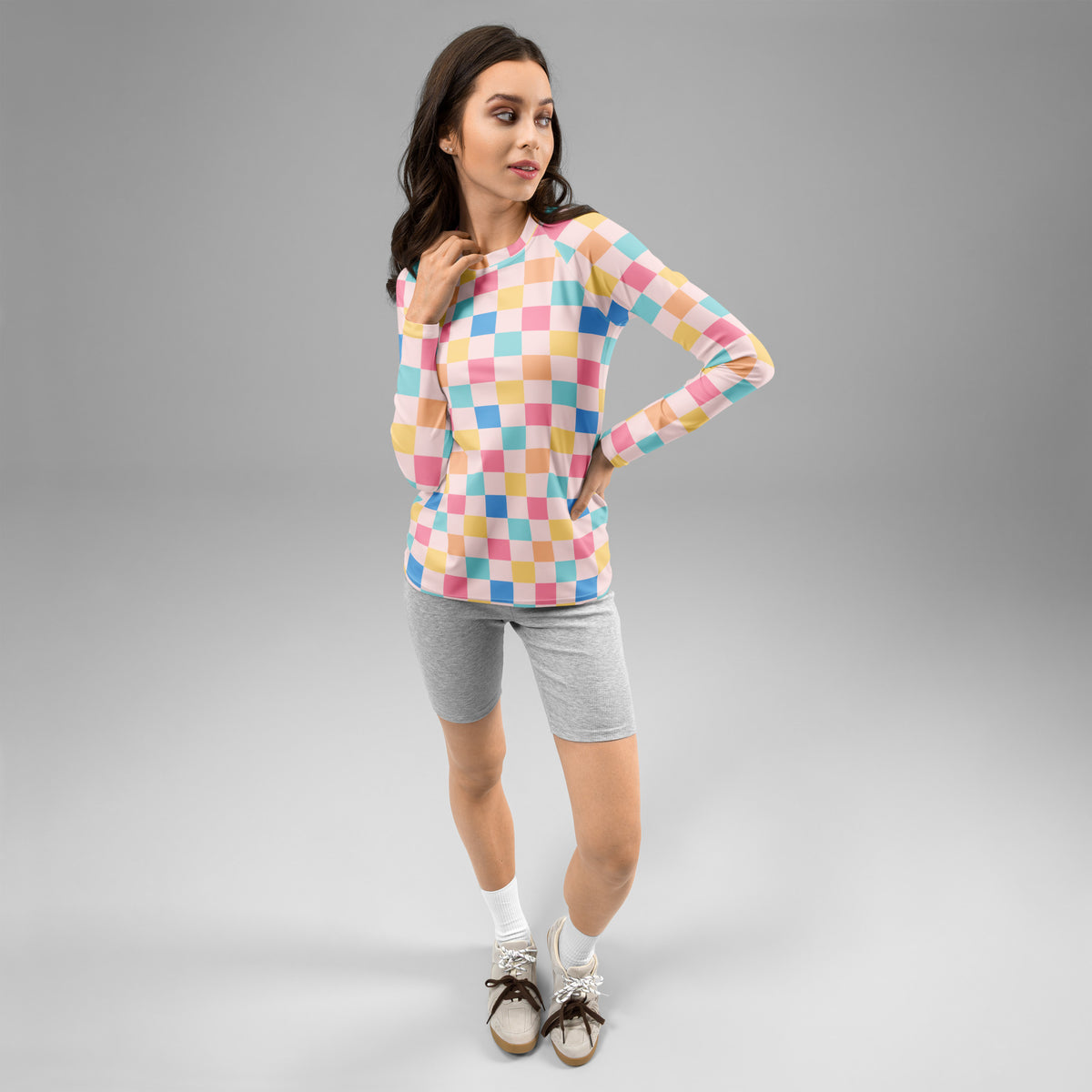 Women's Colorful Pastel Pink Checkerboard Long Sleeve Rash Guard Swim Shirt – Buttery Soft, Sun Safe UPF 50+ Protection, Quick Dry & 4-Way Stretch Comfort