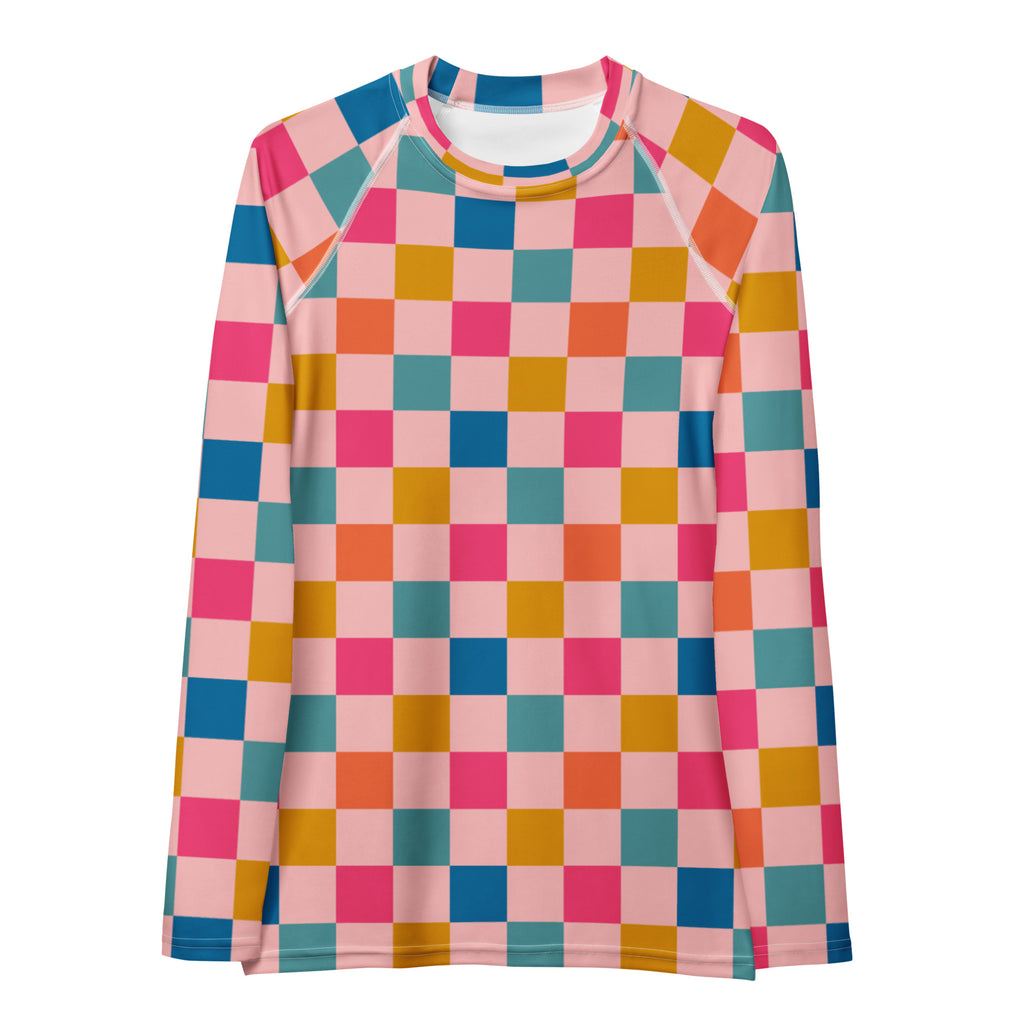 Women's Colorful Pink Checkerboard Long Sleeve Rash Guard Swim Shirt – Buttery Soft, Sun Safe UPF 50+ Protection, Quick Dry & 4-Way Stretch Comfort