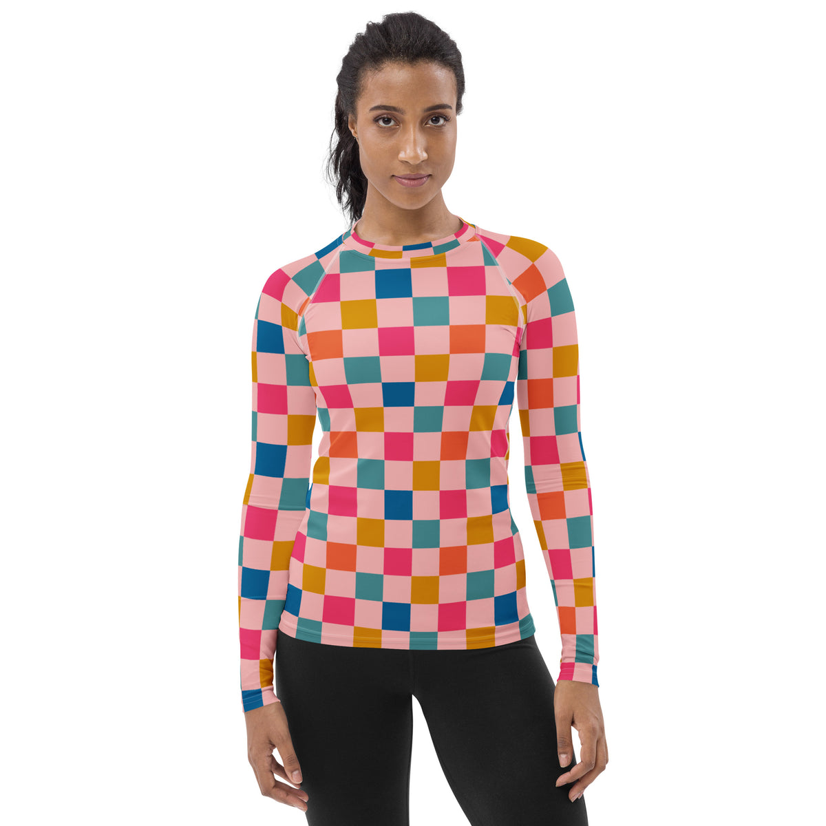 Women's Colorful Pink Checkerboard Long Sleeve Rash Guard Swim Shirt – Buttery Soft, Sun Safe UPF 50+ Protection, Quick Dry & 4-Way Stretch Comfort