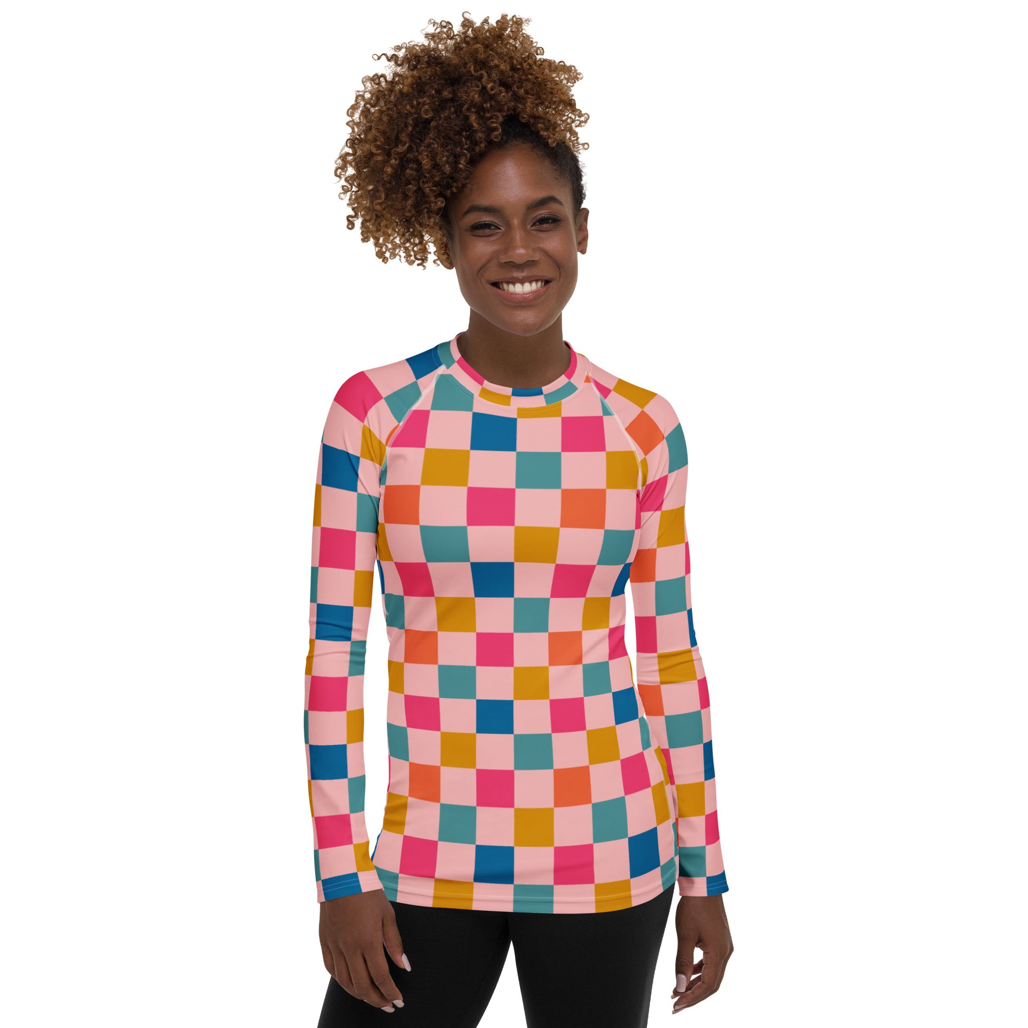 Women's Colorful Pink Checkerboard Long Sleeve Rash Guard Swim Shirt – Buttery Soft, Sun Safe UPF 50+ Protection, Quick Dry & 4-Way Stretch Comfort