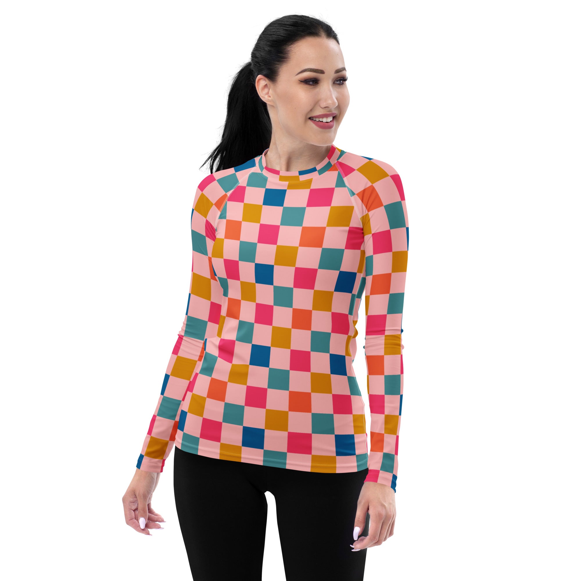 Women's Colorful Pink Checkerboard Long Sleeve Rash Guard Swim Shirt – Buttery Soft, Sun Safe UPF 50+ Protection, Quick Dry & 4-Way Stretch Comfort