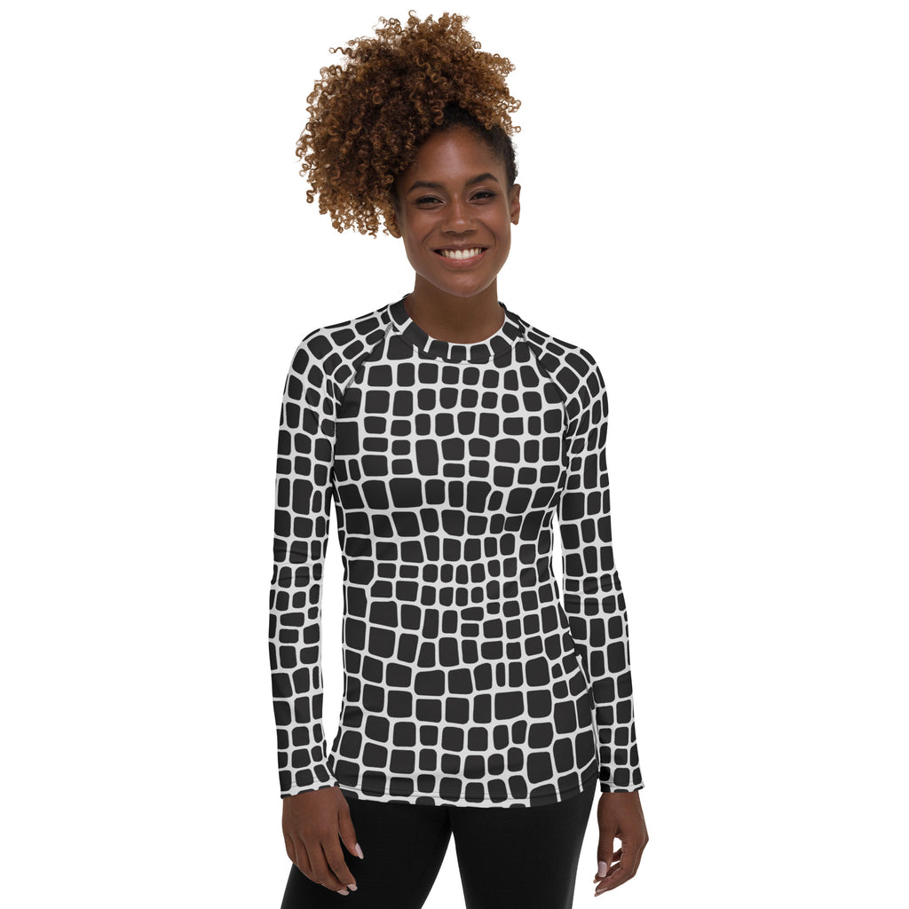 Women's Black & White Animal Print Long Sleeve Rash Guard Swim Shirt – Buttery Soft, Sun Safe UPF 50+ Protection, Quick Dry & 4-Way Stretch Comfort