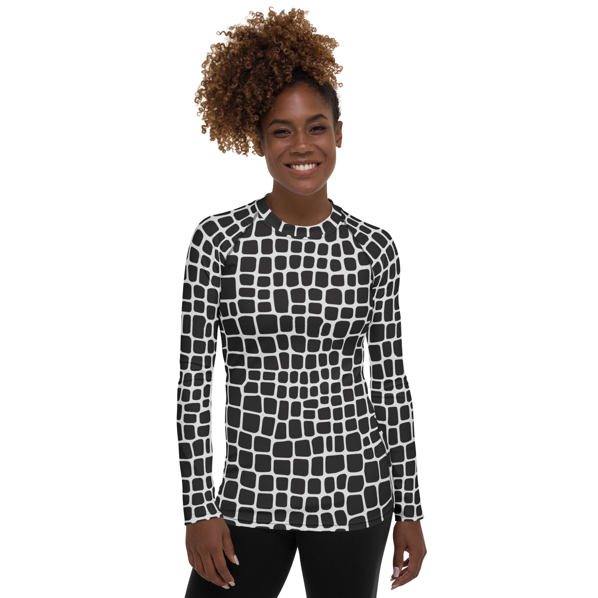 Women's Black & White Animal Print Long Sleeve Rash Guard Swim Shirt – Buttery Soft, Sun Safe UPF 50+ Protection, Quick Dry & 4-Way Stretch Comfort