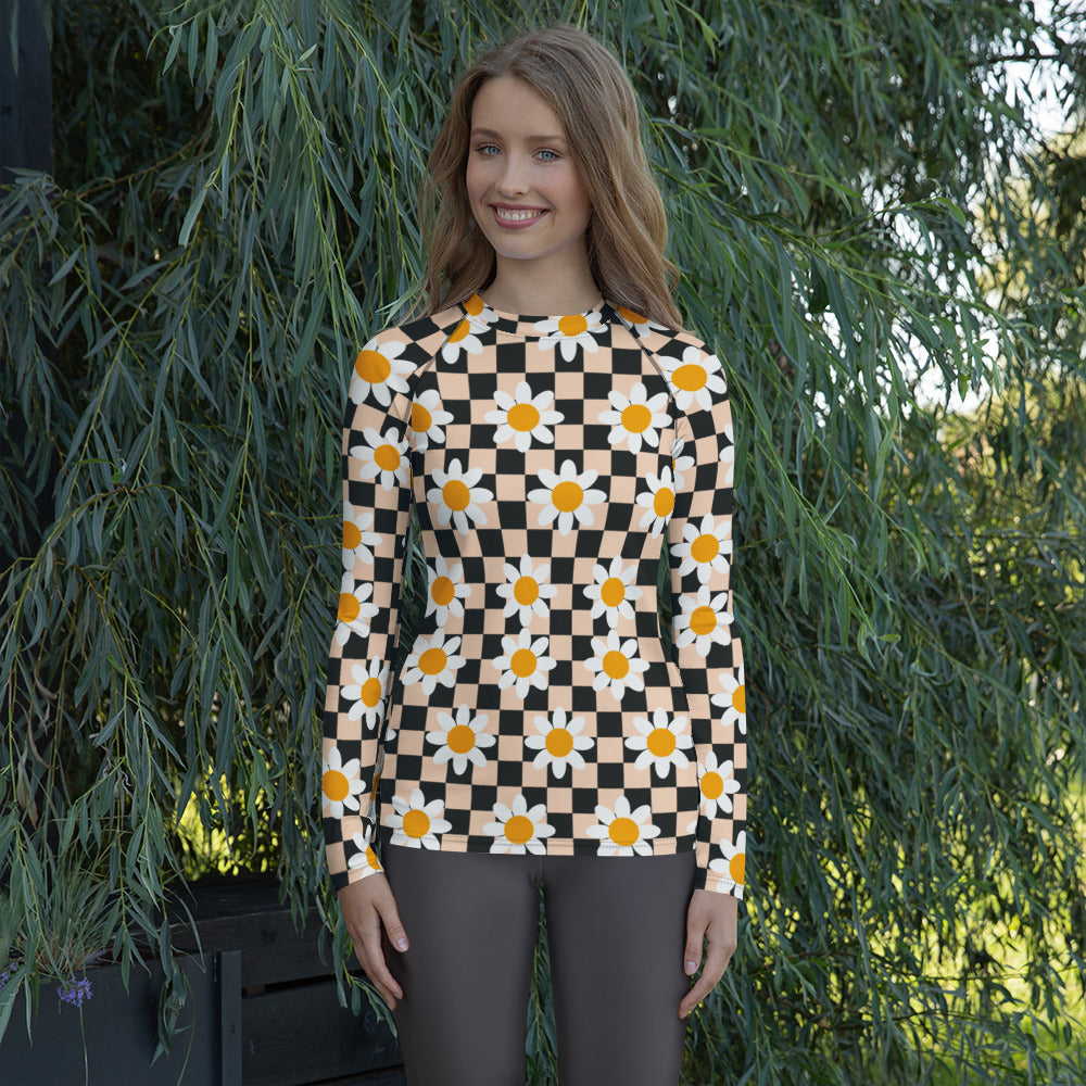 Women's Daisy Checkerboard Long Sleeve Rash Guard Swim Shirt – Buttery Soft, Sun Safe UPF 50+ Protection, Quick Dry & 4-Way Stretch Comfort