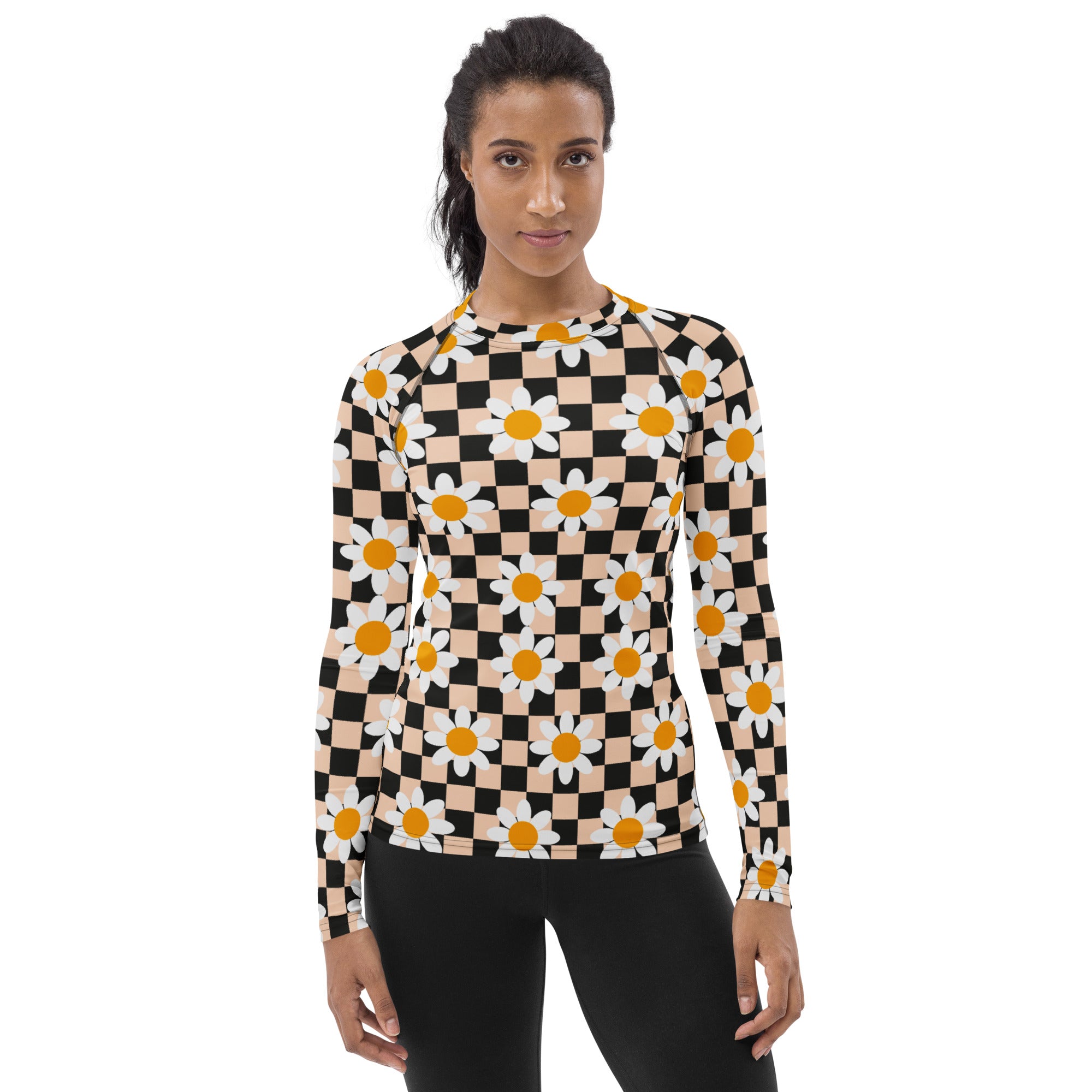 Women's Daisy Checkerboard Long Sleeve Rash Guard Swim Shirt – Buttery Soft, Sun Safe UPF 50+ Protection, Quick Dry & 4-Way Stretch Comfort