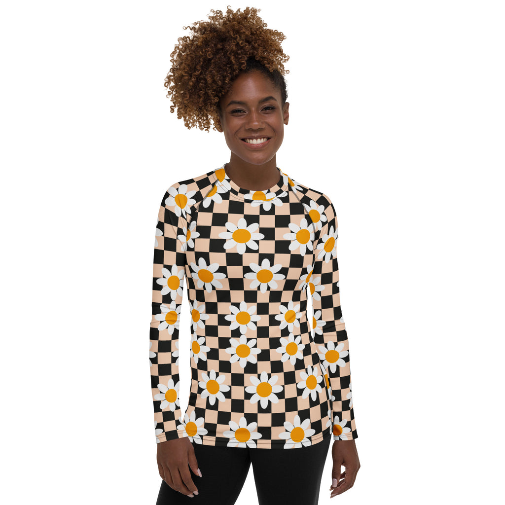 Women's Daisy Checkerboard Long Sleeve Rash Guard Swim Shirt – Buttery Soft, Sun Safe UPF 50+ Protection, Quick Dry & 4-Way Stretch Comfort