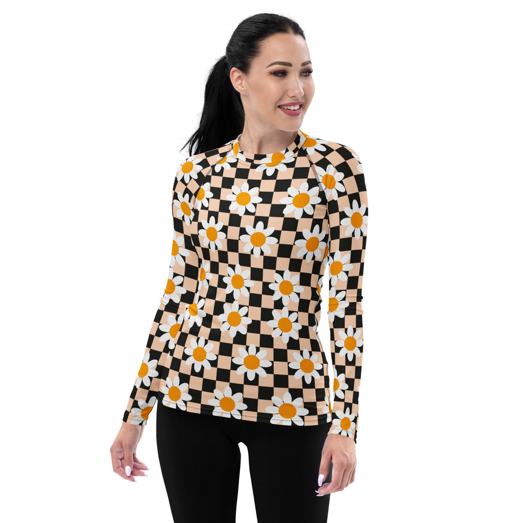 Women's Daisy Checkerboard Long Sleeve Rash Guard Swim Shirt – Buttery Soft, Sun Safe UPF 50+ Protection, Quick Dry & 4-Way Stretch Comfort