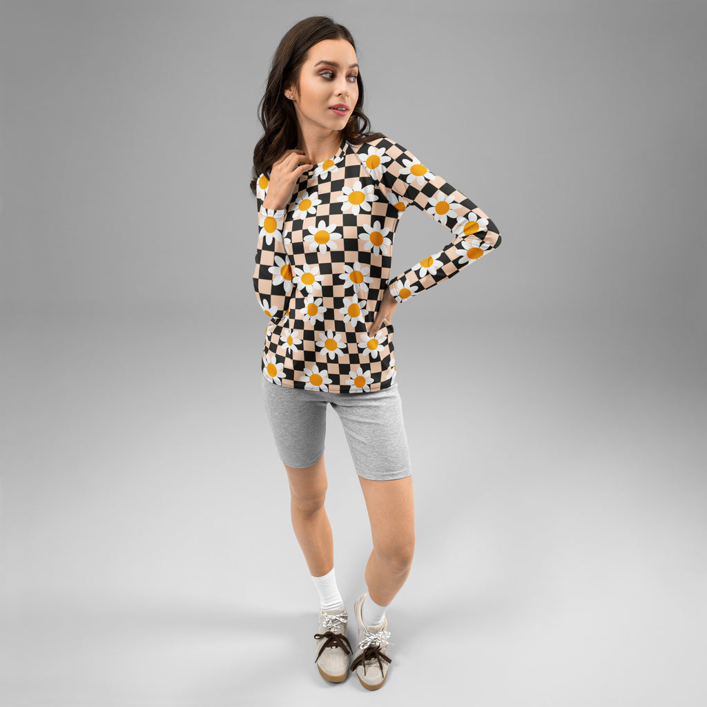 Women's Daisy Checkerboard Long Sleeve Rash Guard Swim Shirt – Buttery Soft, Sun Safe UPF 50+ Protection, Quick Dry & 4-Way Stretch Comfort
