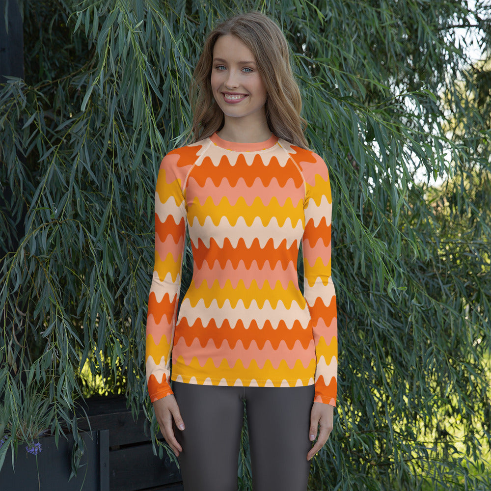 Women's Orange Retro Wavy Stripe Long Sleeve Rash Guard Swim Shirt – Buttery Soft, Sun Safe UPF 50+ Protection, Quick Dry & 4-Way Stretch Comfort