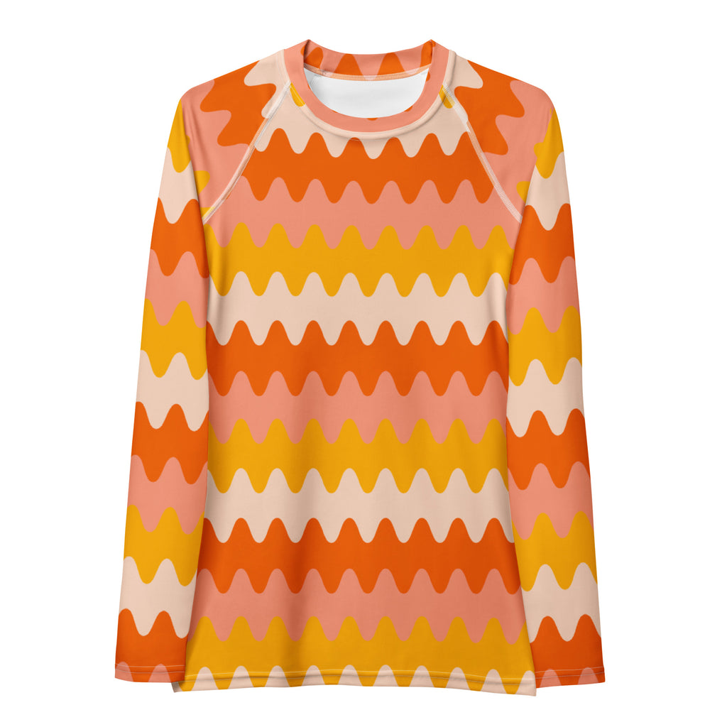 Women's Orange Retro Wavy Stripe Long Sleeve Rash Guard Swim Shirt – Buttery Soft, Sun Safe UPF 50+ Protection, Quick Dry & 4-Way Stretch Comfort