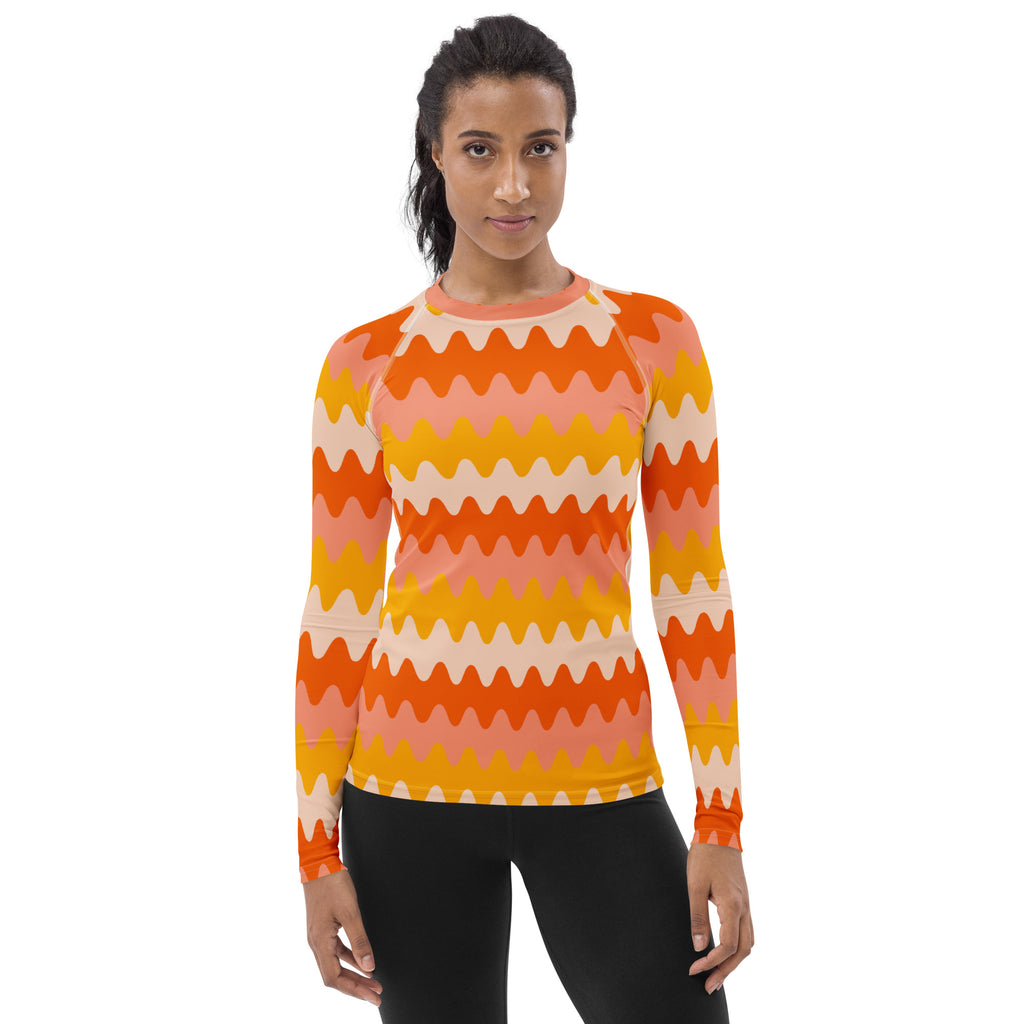 Women's Orange Retro Wavy Stripe Long Sleeve Rash Guard Swim Shirt – Buttery Soft, Sun Safe UPF 50+ Protection, Quick Dry & 4-Way Stretch Comfort