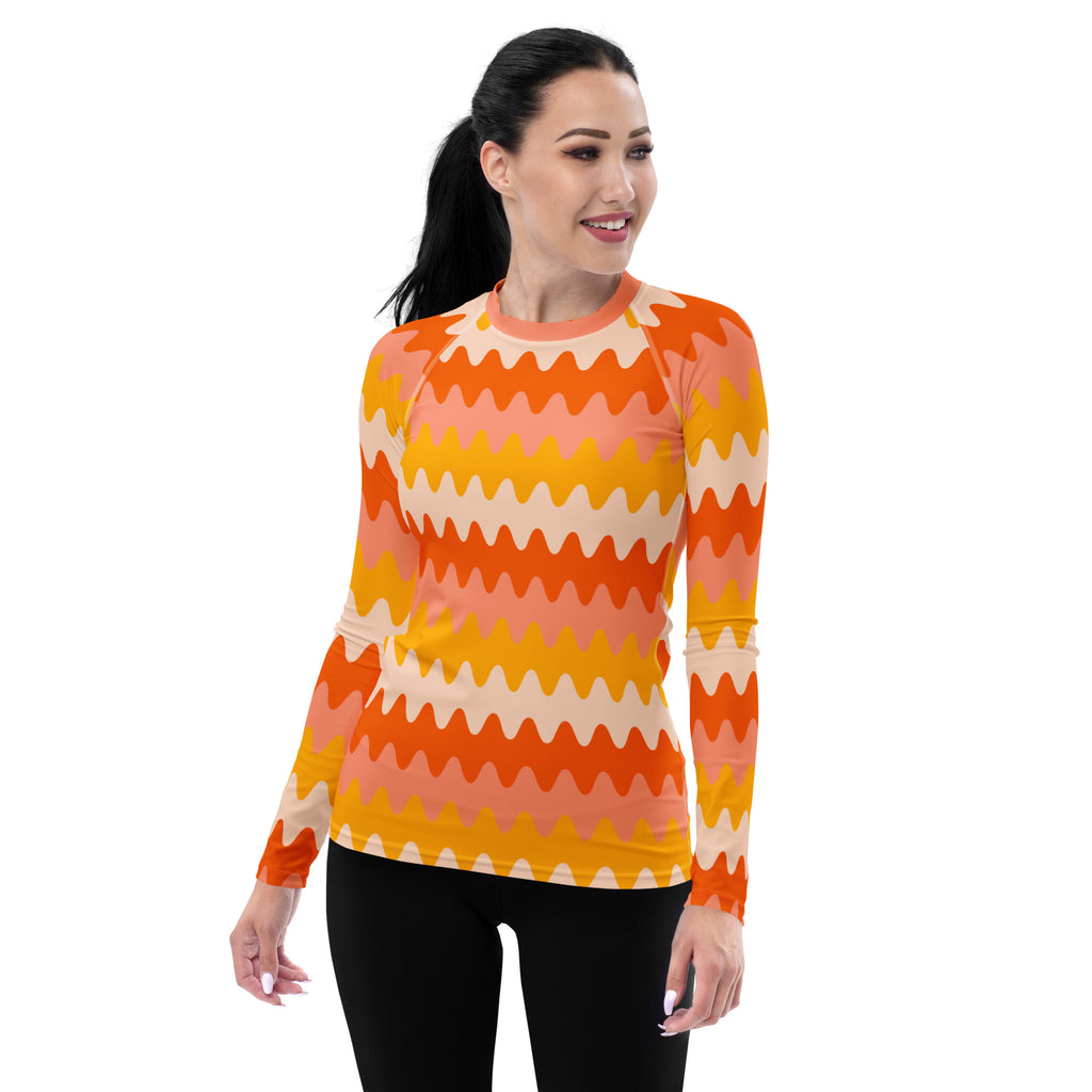 Women's Orange Retro Wavy Stripe Long Sleeve Rash Guard Swim Shirt – Buttery Soft, Sun Safe UPF 50+ Protection, Quick Dry & 4-Way Stretch Comfort
