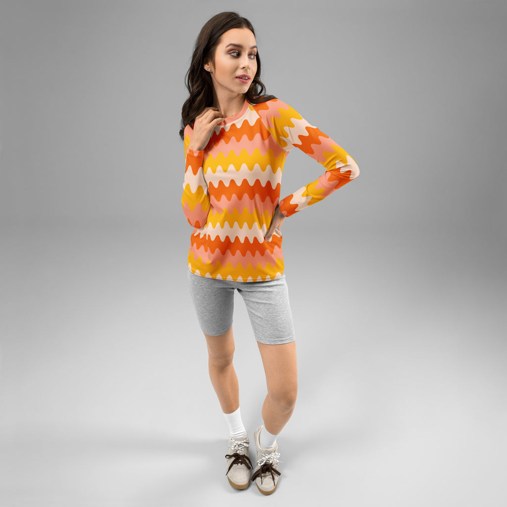Women's Orange Retro Wavy Stripe Long Sleeve Rash Guard Swim Shirt – Buttery Soft, Sun Safe UPF 50+ Protection, Quick Dry & 4-Way Stretch Comfort
