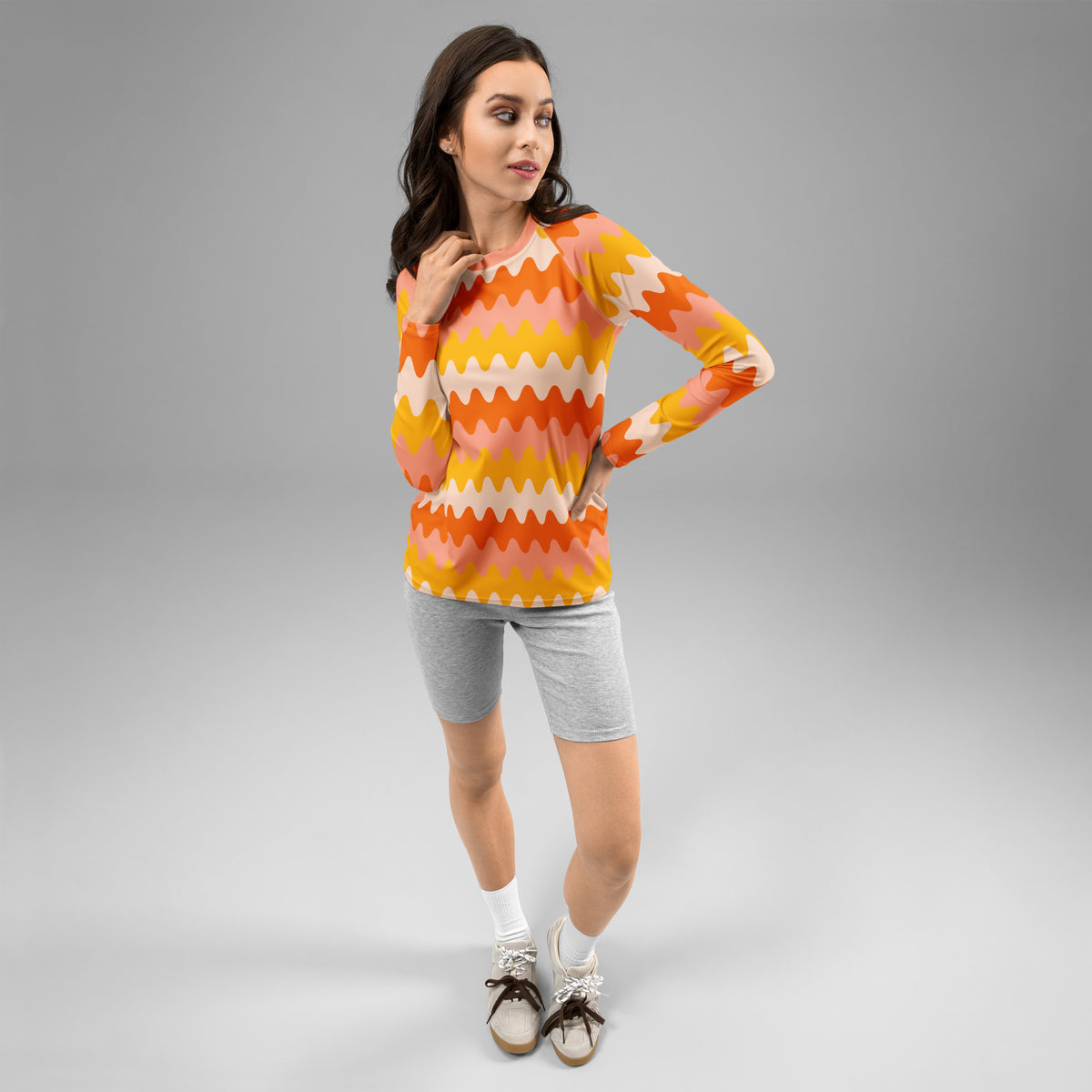 Women's Orange Retro Wavy Stripe Long Sleeve Rash Guard Swim Shirt – Buttery Soft, Sun Safe UPF 50+ Protection, Quick Dry & 4-Way Stretch Comfort