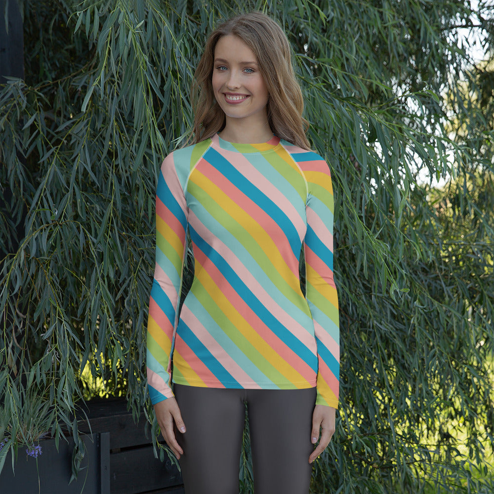 Women's Colorful Diagonal Striped Long Sleeve Rash Guard Swim Shirt – Buttery Soft, Sun Safe UPF 50+ Protection, Quick Dry & 4-Way Stretch Comfort