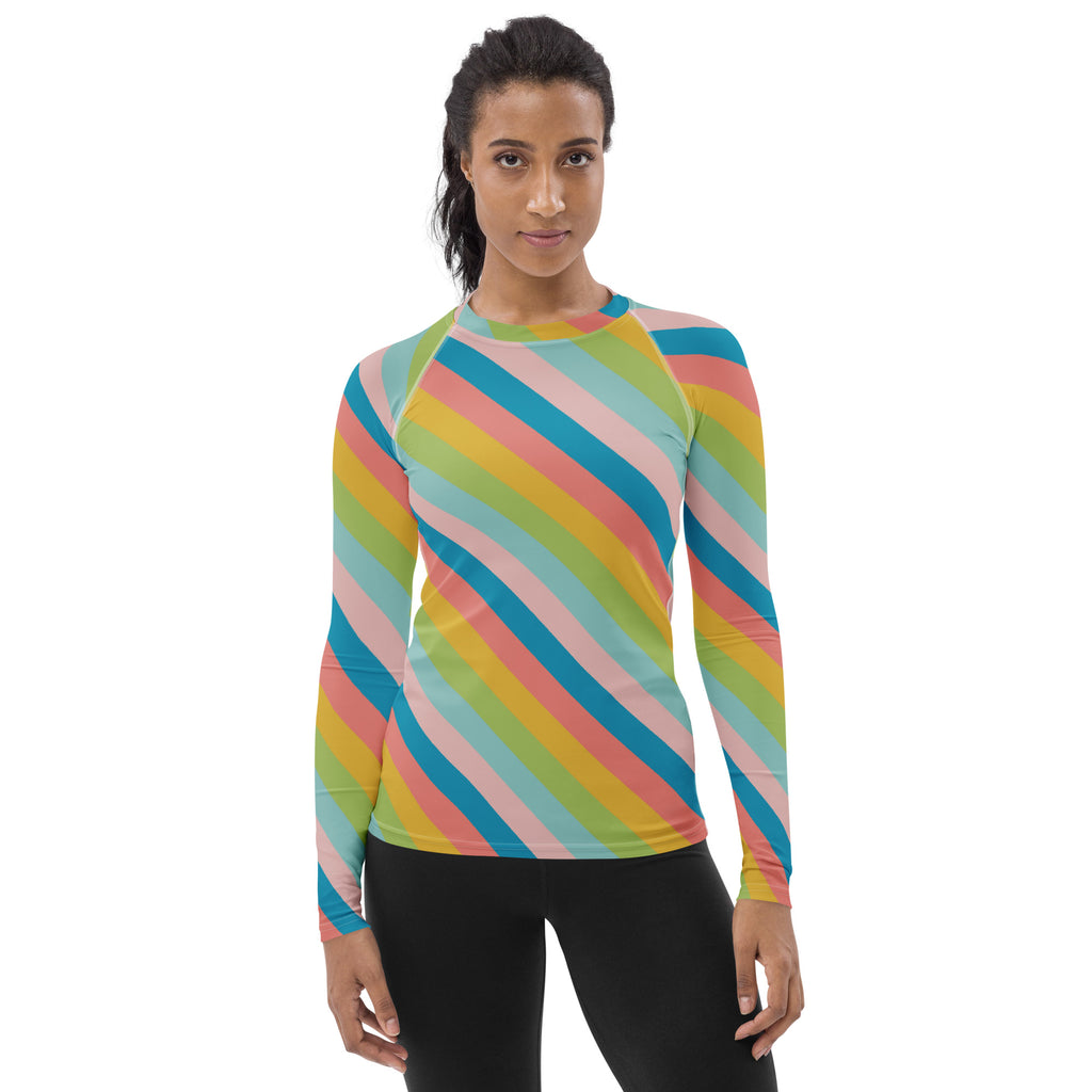 Women's Colorful Diagonal Striped Long Sleeve Rash Guard Swim Shirt – Buttery Soft, Sun Safe UPF 50+ Protection, Quick Dry & 4-Way Stretch Comfort